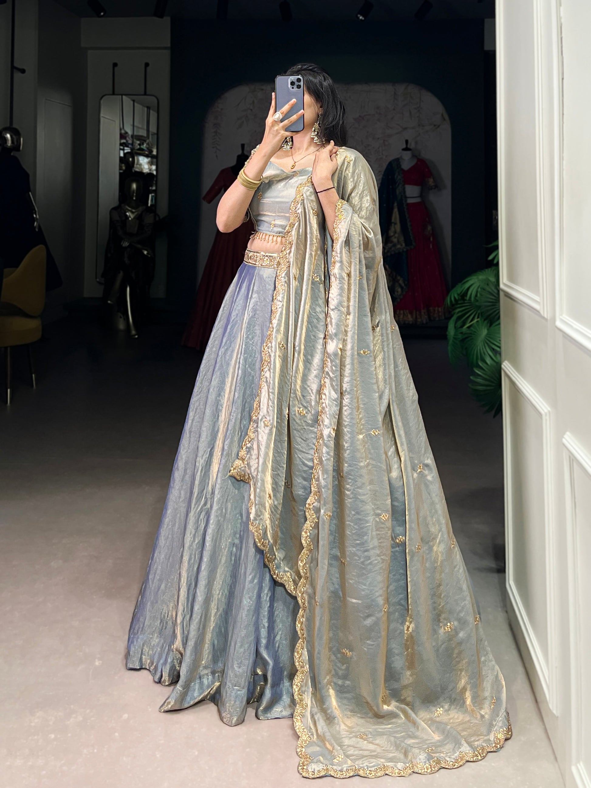 Lorenvalley Skyblue Fendi Silk Sequins and Thread Embroidery Work Belt Lehenga Choli with Dupatta 