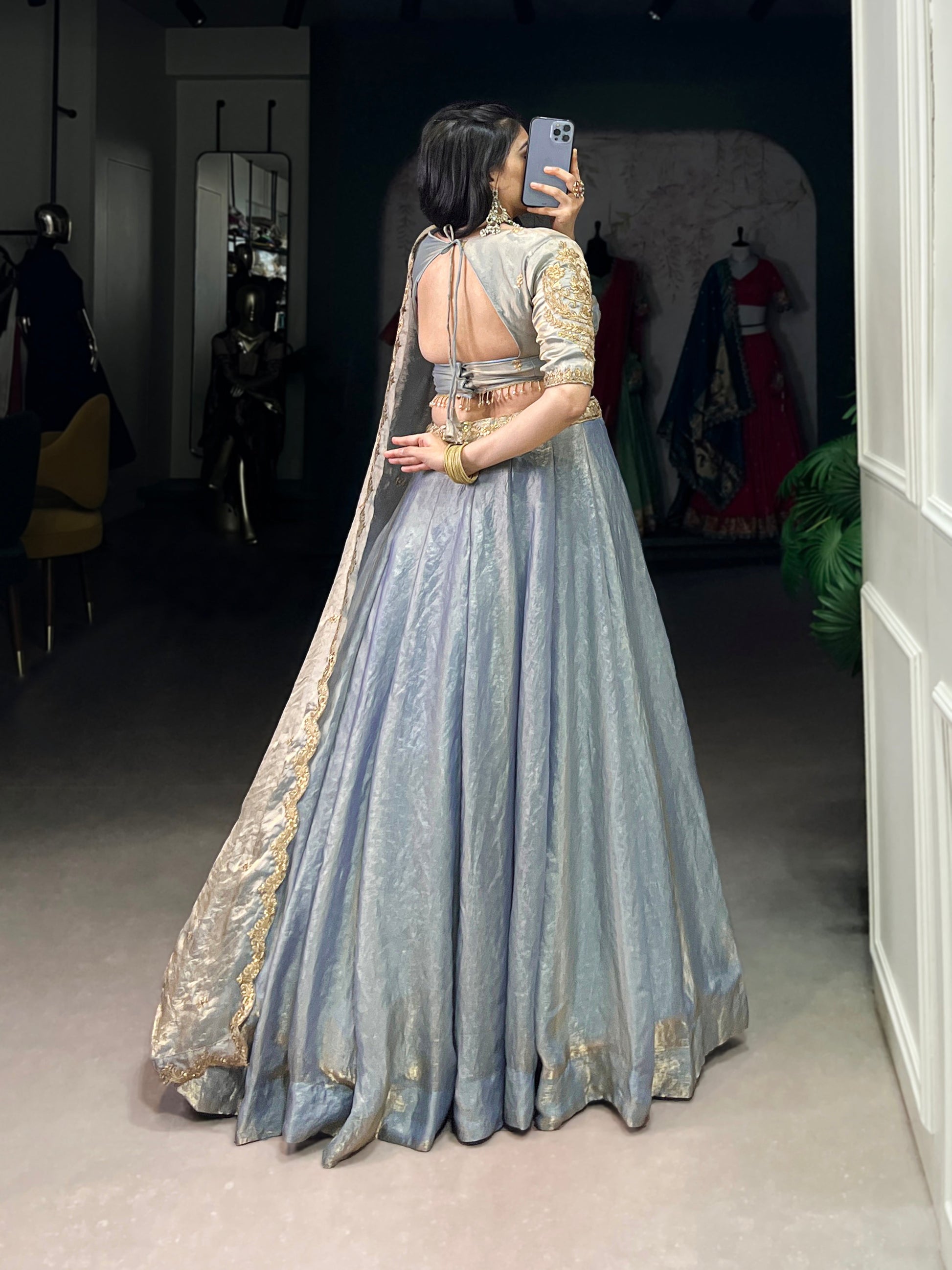 Lorenvalley Skyblue Fendi Silk Sequins and Thread Embroidery Work Belt Lehenga Choli with Dupatta 