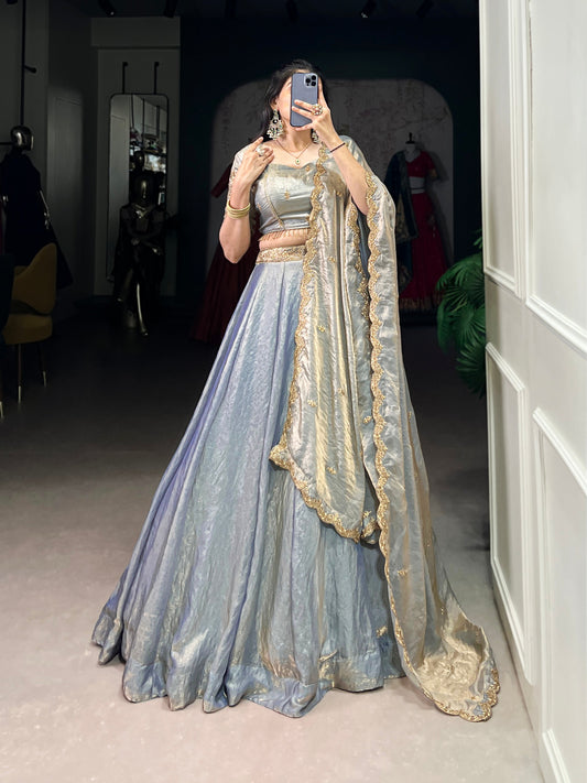Lorenvalley Skyblue Fendi Silk Sequins and Thread Embroidery Work Belt Lehenga Choli with Dupatta 