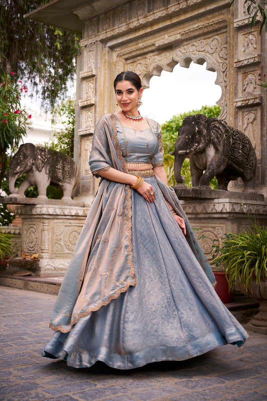 Lorenvalley Fashion Skyblue Fendi Silk Sequins and Thread Embroidery Work Belt Lehenga Choli with Dupatta 