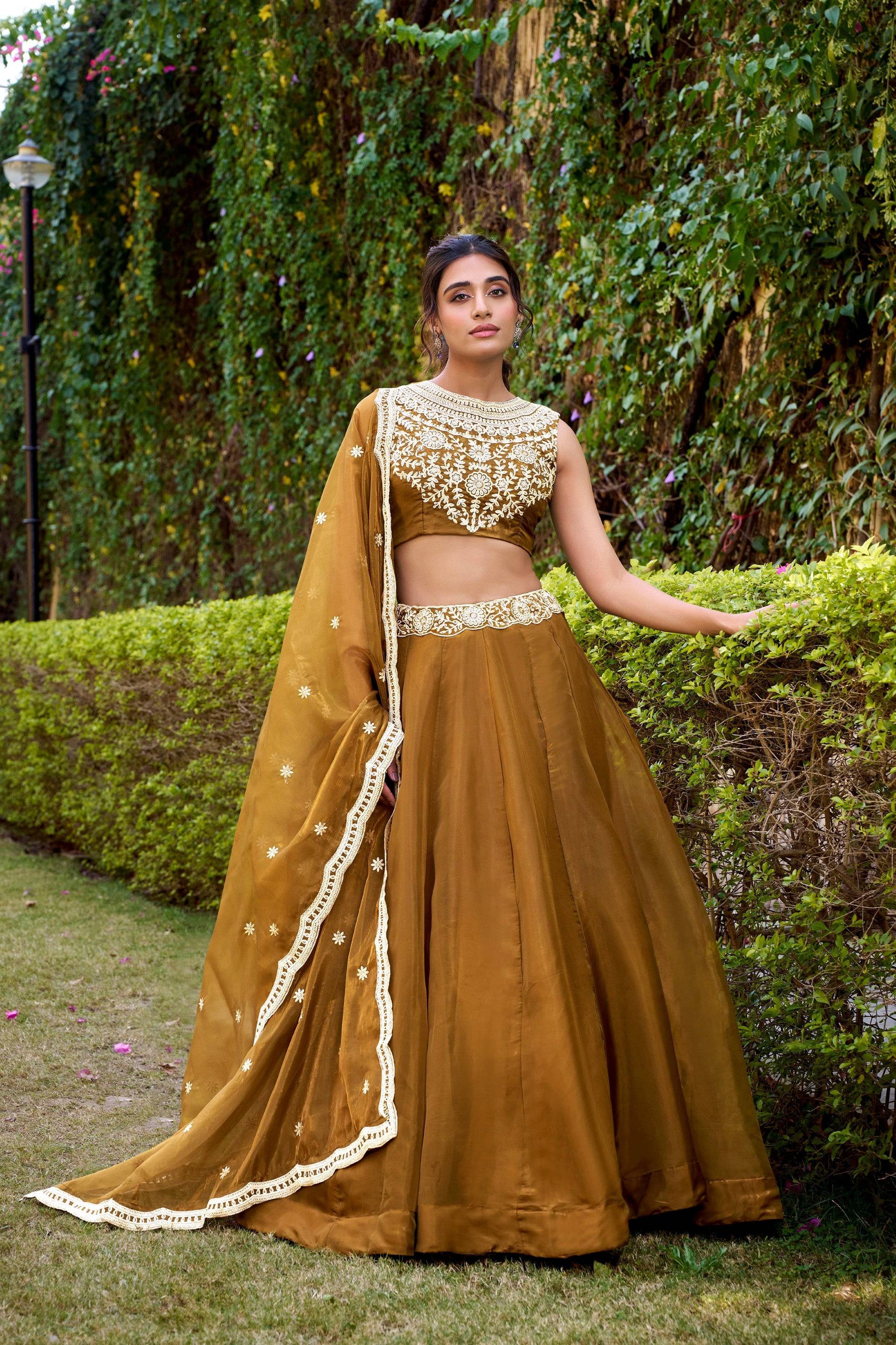 Lorenvalley Fashion Brown Chanda Silk Plain With Sequins and Thread Embroidery Work Belt Lehenga Choli with Dupatta