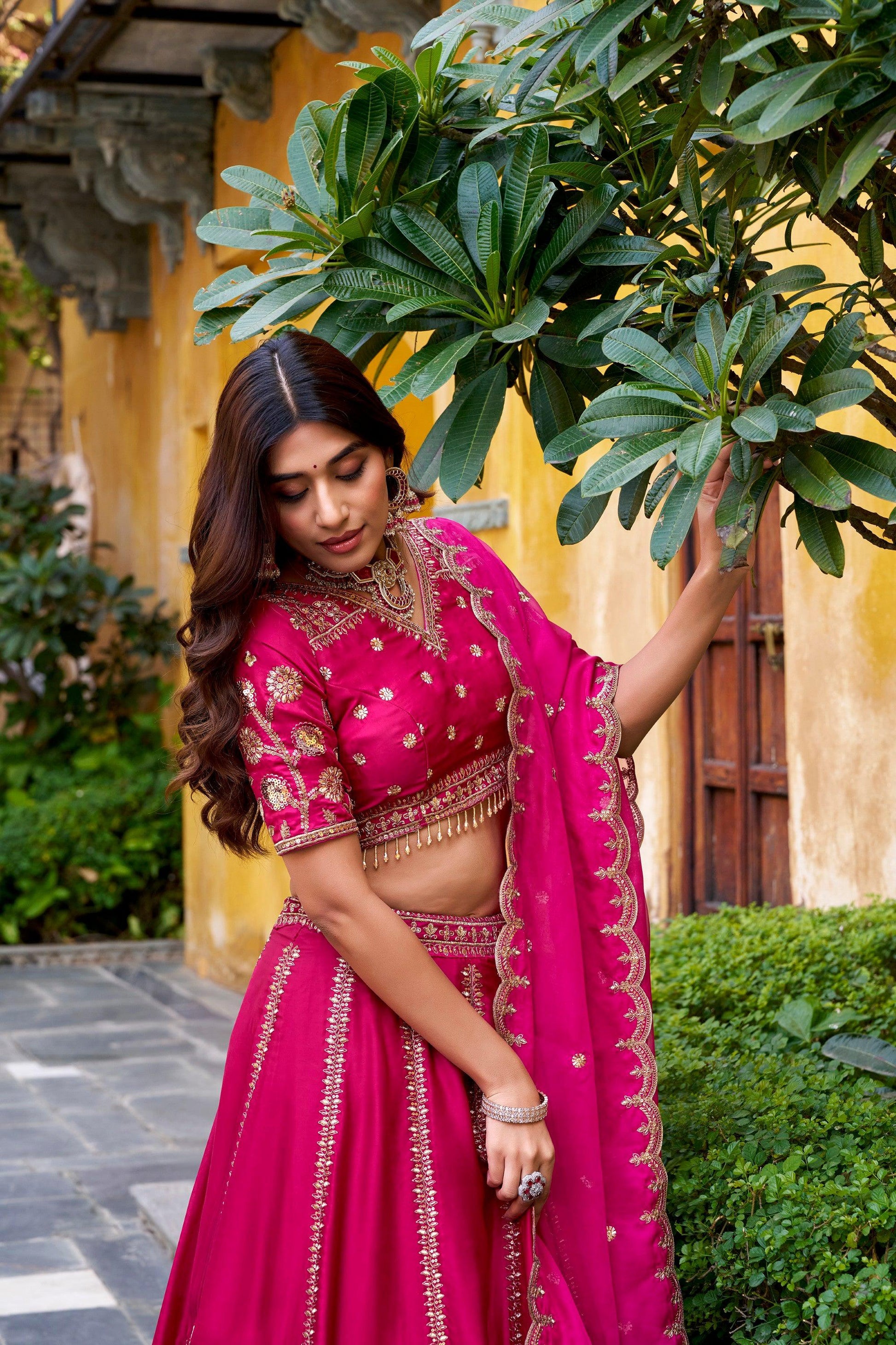 Lorenvalley Fashion Ranipink Natural Silk Sequins and Thread Embroidery Work Lehenga Choli with Dupatta