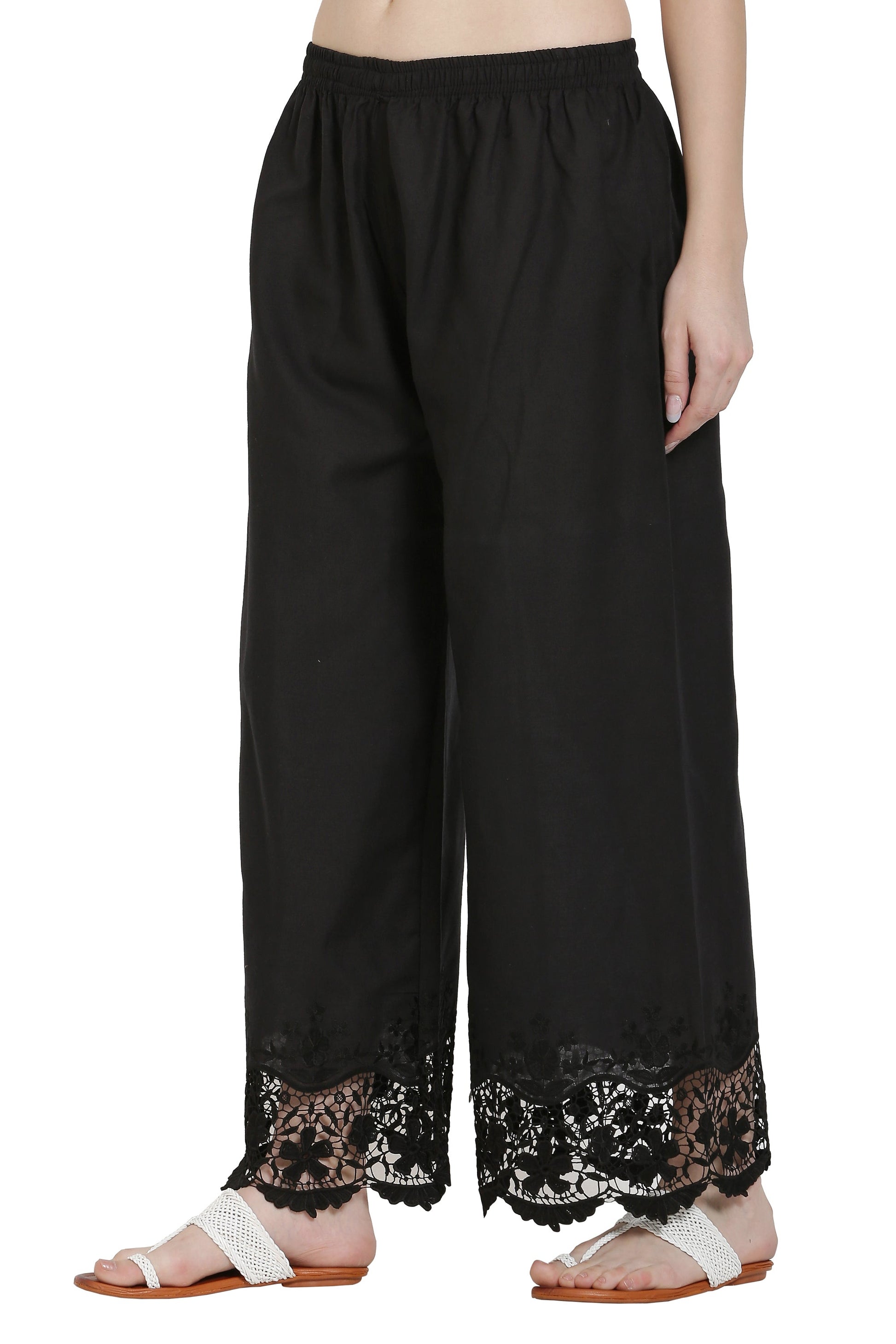PAVONINE Black Color Chikankari Lace Scalloped Hem Cotton Fabric Sharara For Women