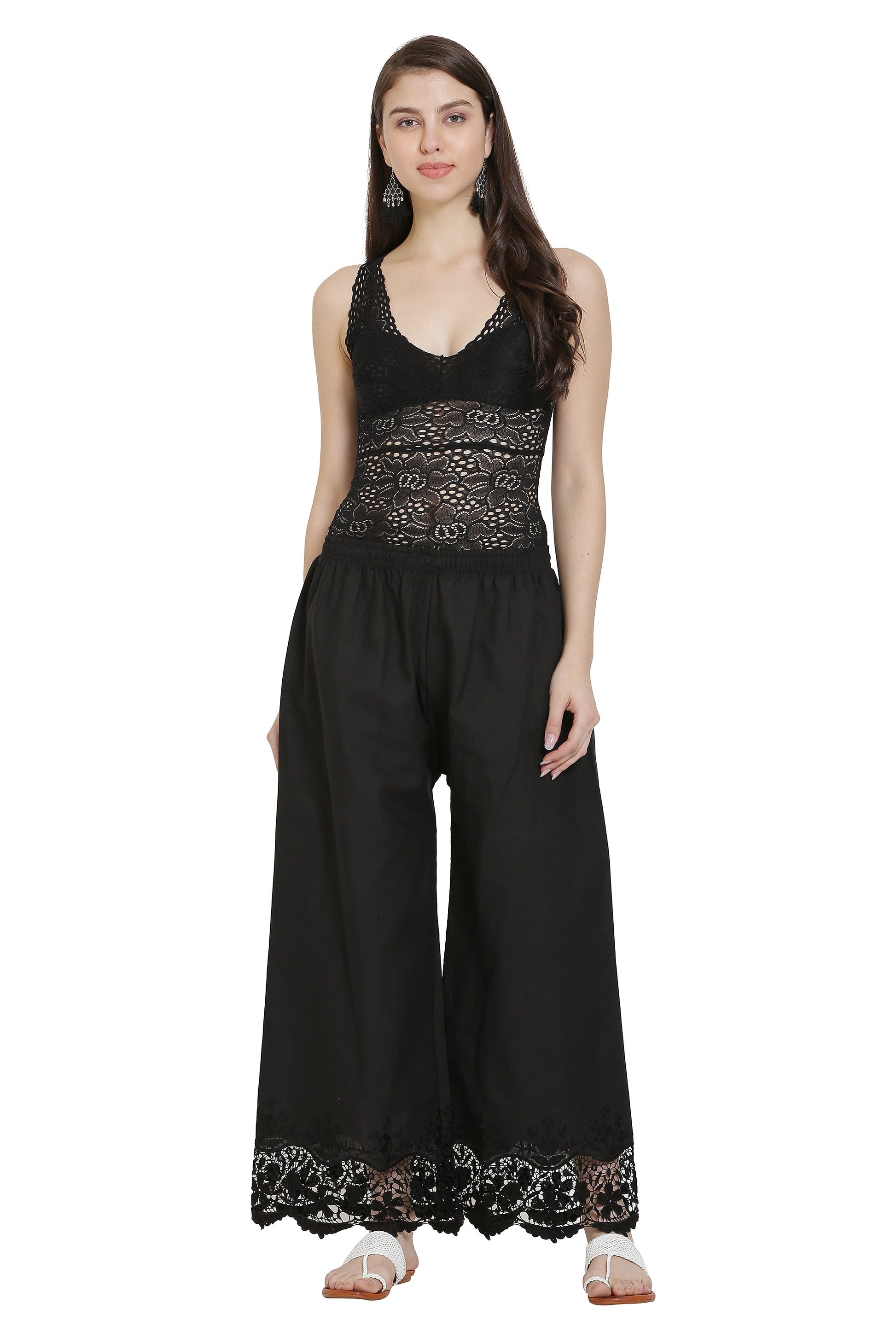 PAVONINE Black Color Chikankari Lace Scalloped Hem Cotton Fabric Sharara For Women