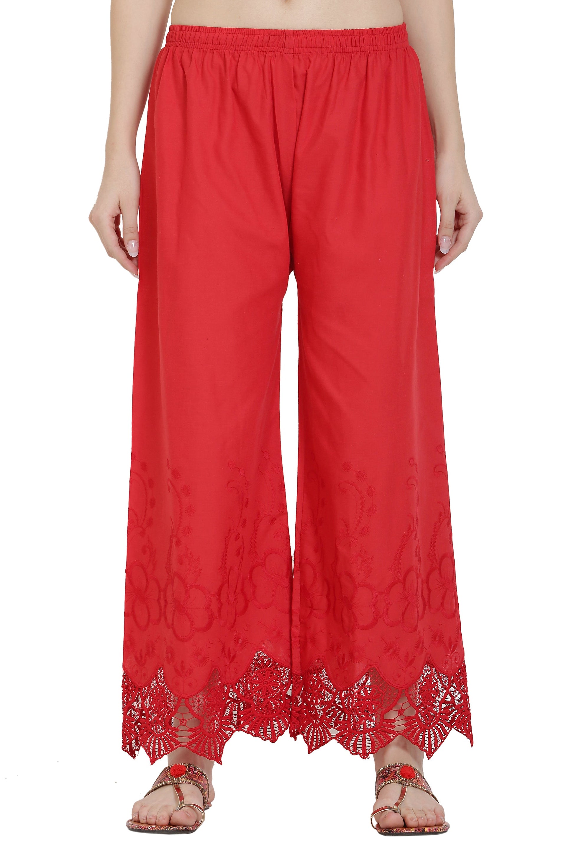 PAVONINE Red Color Chikankari Lace Scalloped Hem Cotton Fabric Sharara For Women