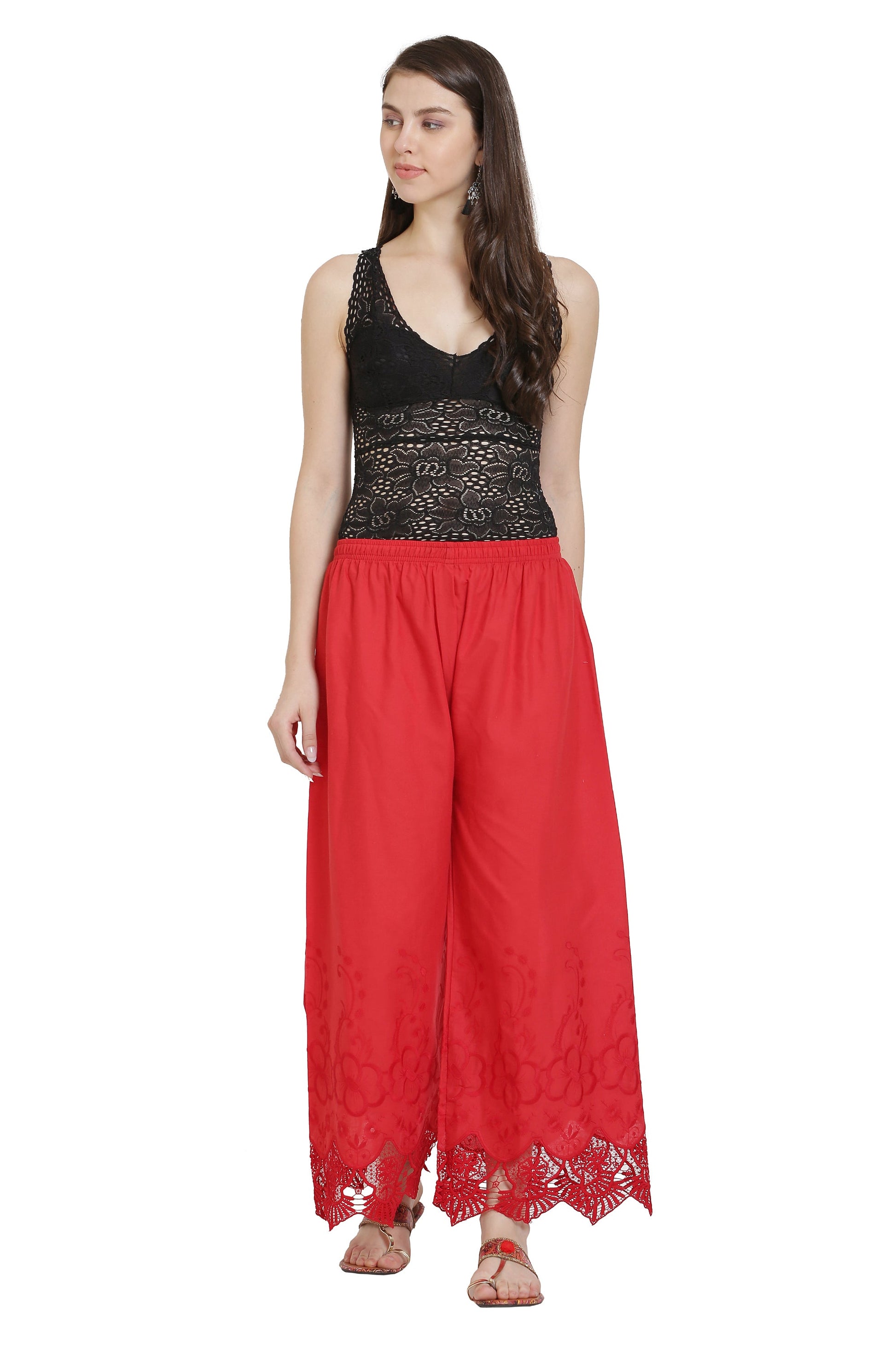 PAVONINE Red Color Chikankari Lace Scalloped Hem Cotton Fabric Sharara For Women