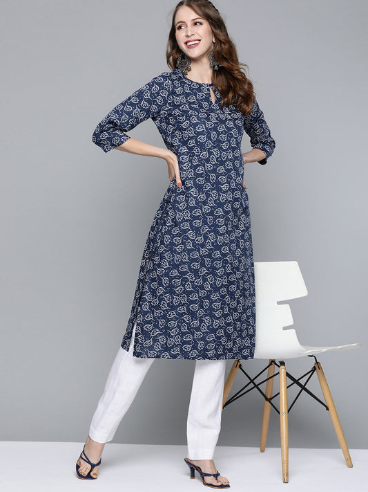 HERE&NOW Women Navy Blue & White Ethnic Motifs Printed Keyhole Neck Kurta