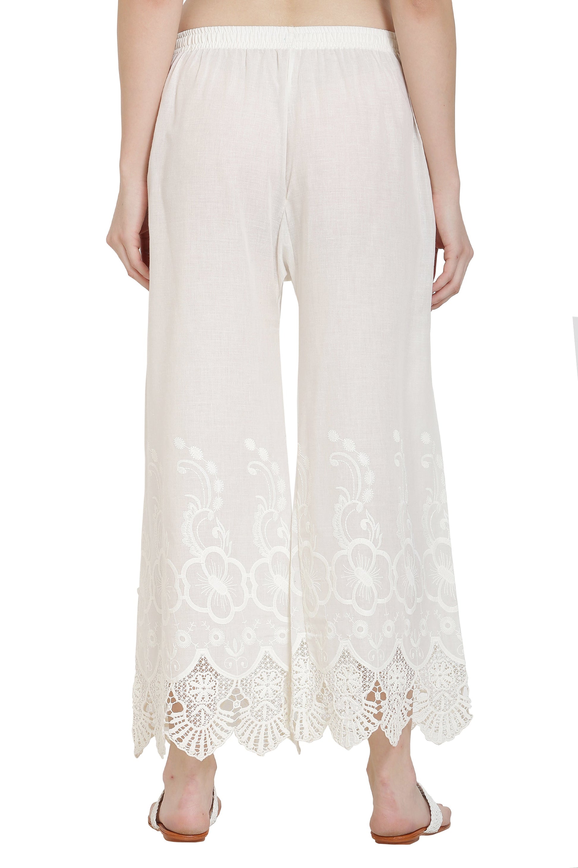 PAVONINE White Color Chikankari Lace Scalloped Hem Cotton Fabric Sharara For Women
