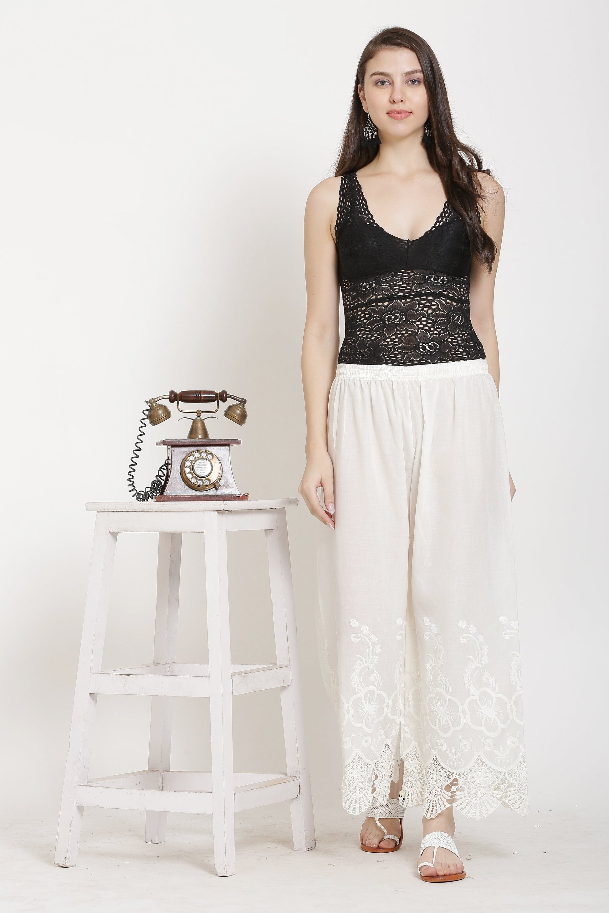 PAVONINE White Color Chikankari Lace Scalloped Hem Cotton Fabric Sharara For Women