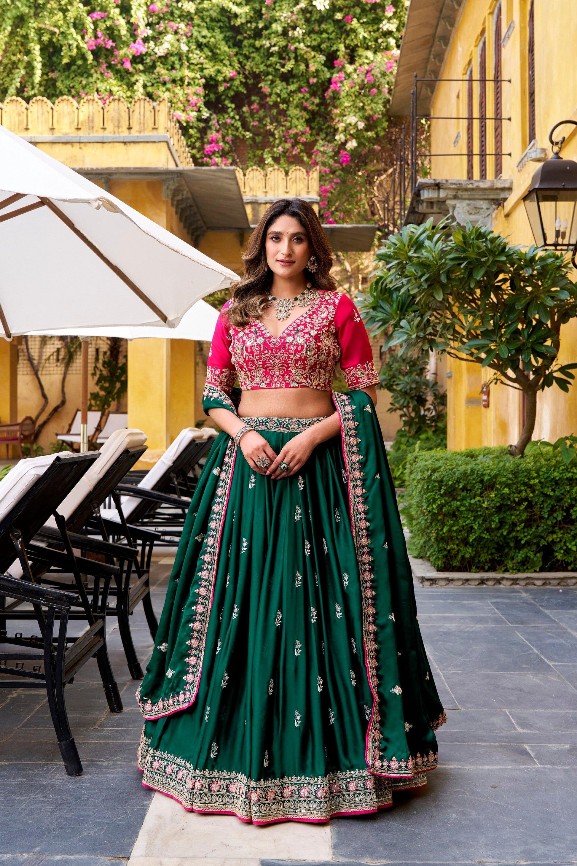 Lorenvalley Fashion Silk Satin Sequins and Thread Embroidery Work Lehenga Choli with Dupatta