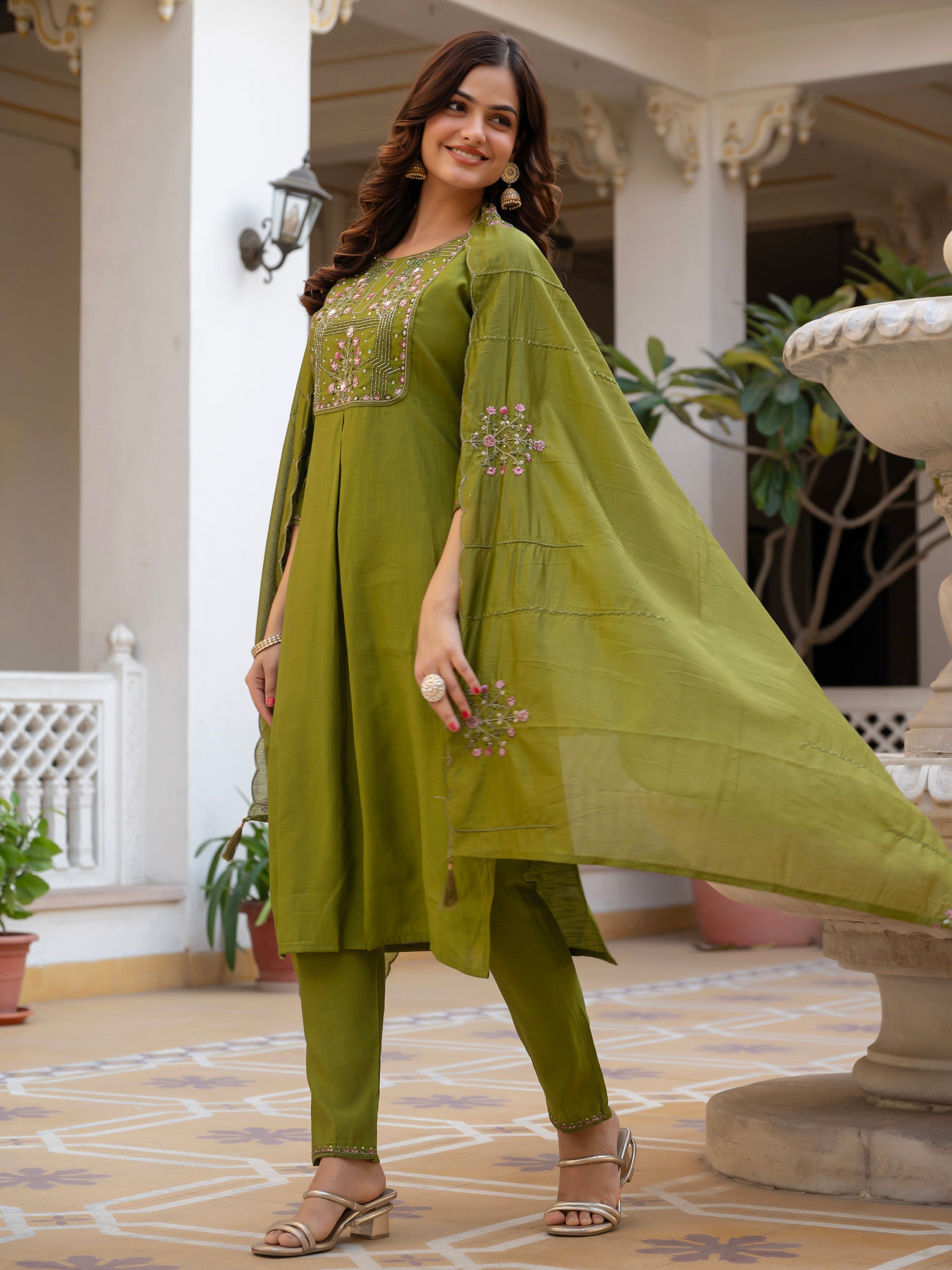 Lorenvalley Fashion Mehendi Viscose Mango Silk Multi Embroidery Sequins With Hand Work Kurta Pant Dupatta