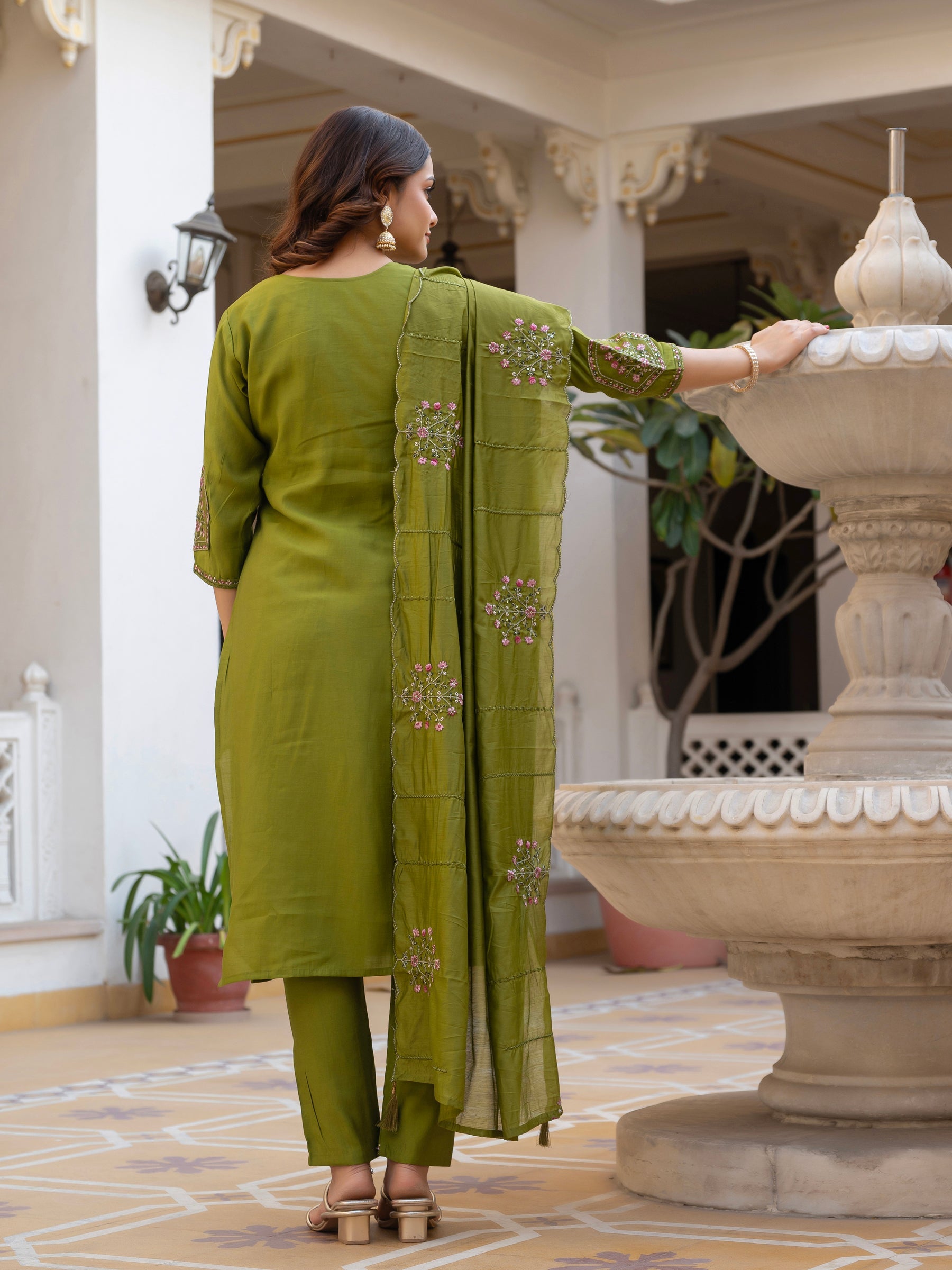 Lorenvalley Fashion Mehendi Viscose Mango Silk Multi Embroidery Sequins With Hand Work Kurta Pant Dupatta