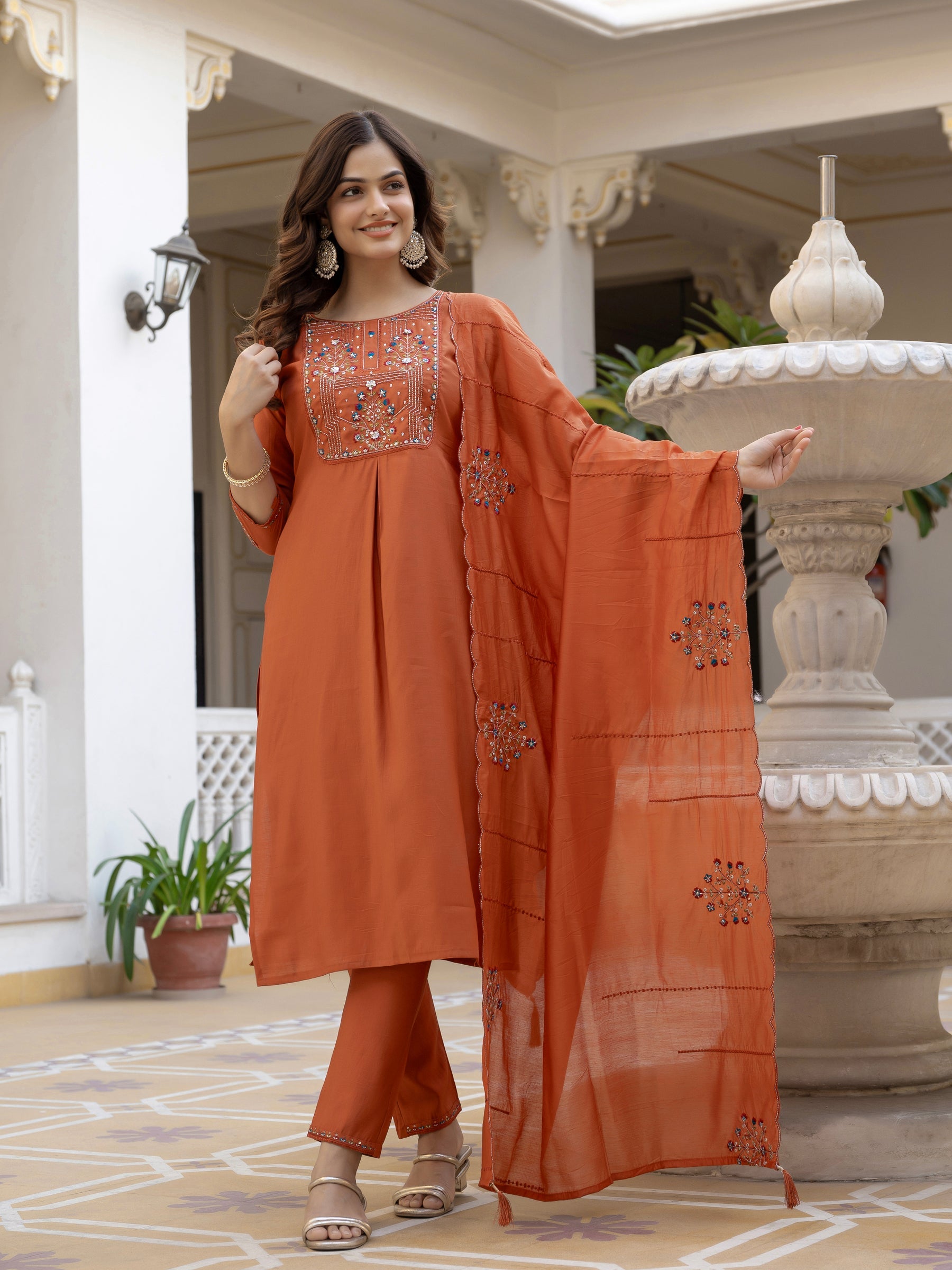 Lorenvalley Fashion Rust Viscose Mango Silk Multi Embroidery Sequins With Hand Work Kurta Pant Dupatta
