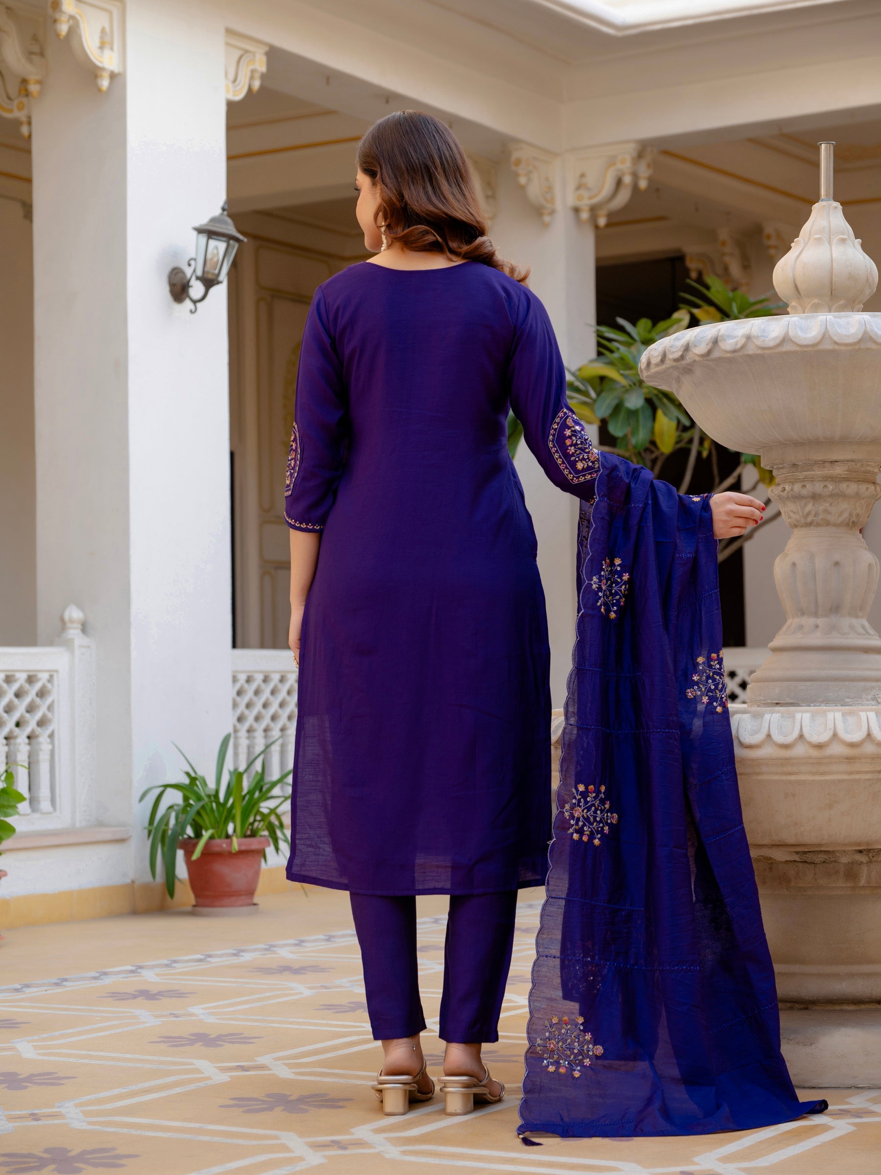 Lorenvalley Fashion Violet Viscose Mango Silk Multi Embroidery Sequins With Hand Work Kurta Pant Dupatta