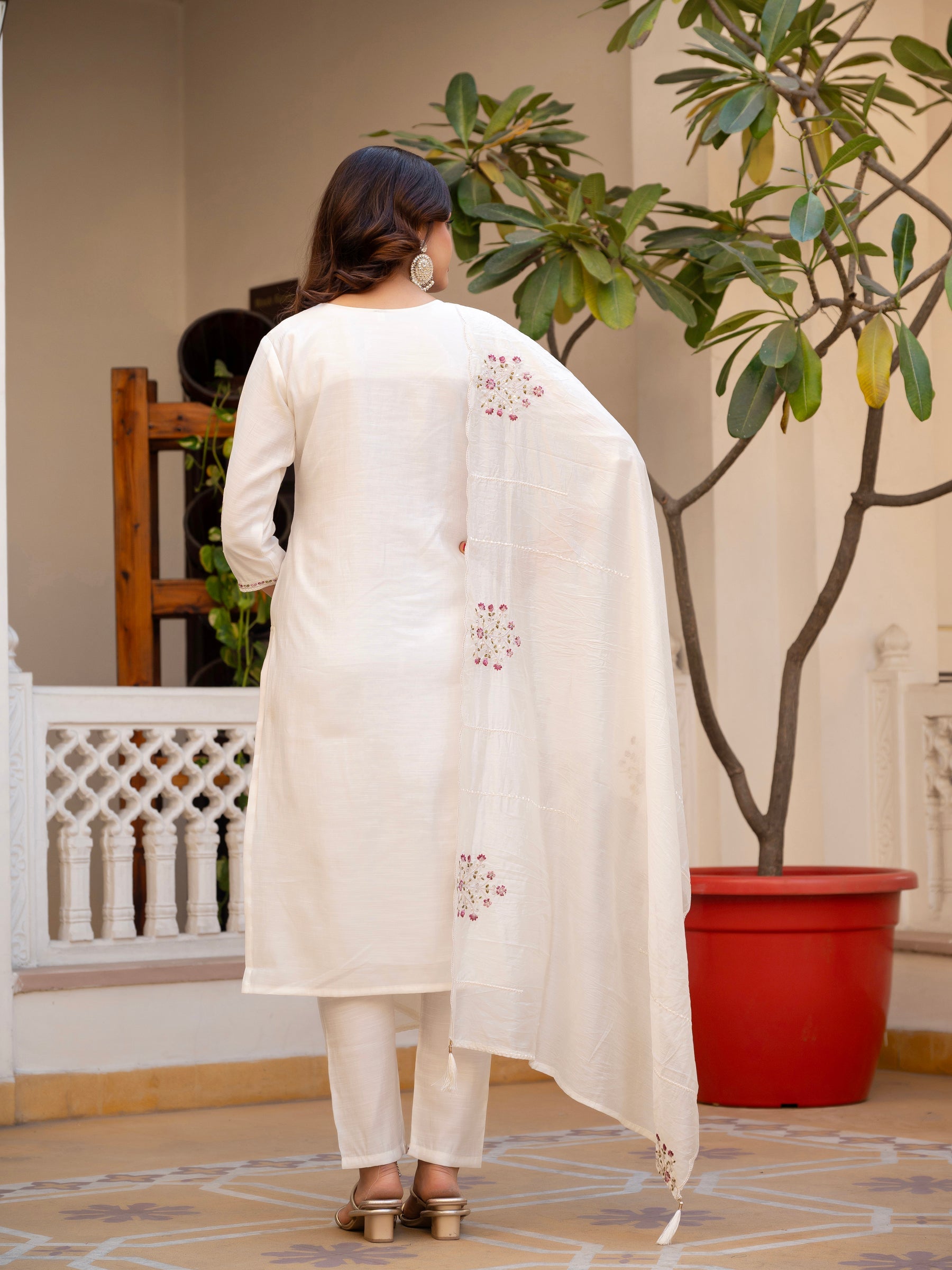 Lorenvalley Fashion White Viscose Mango Silk Multi Embroidery Sequins With Hand Work Kurta Pant Dupatta