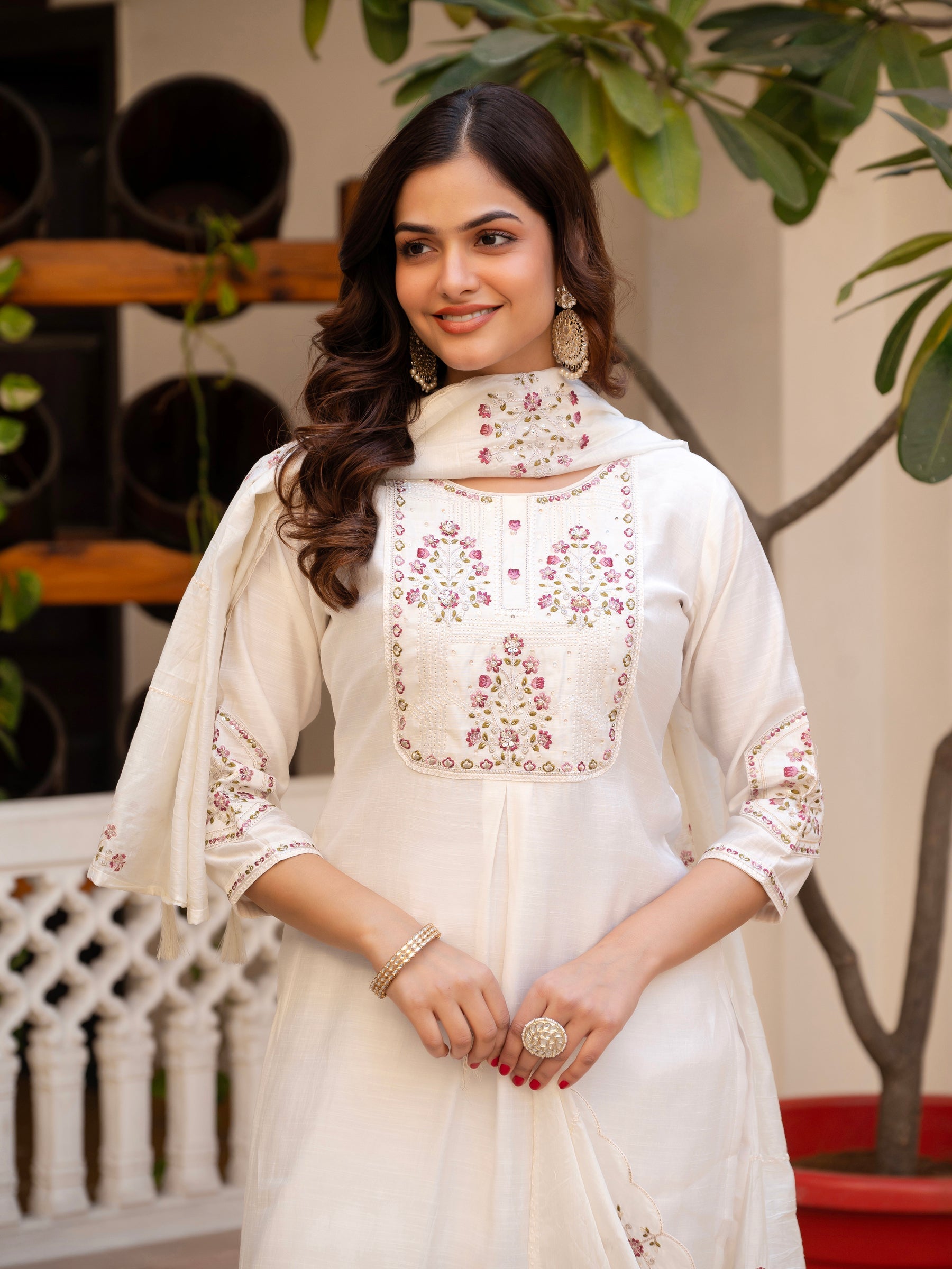 Lorenvalley Fashion White Viscose Mango Silk Multi Embroidery Sequins With Hand Work Kurta Pant Dupatta
