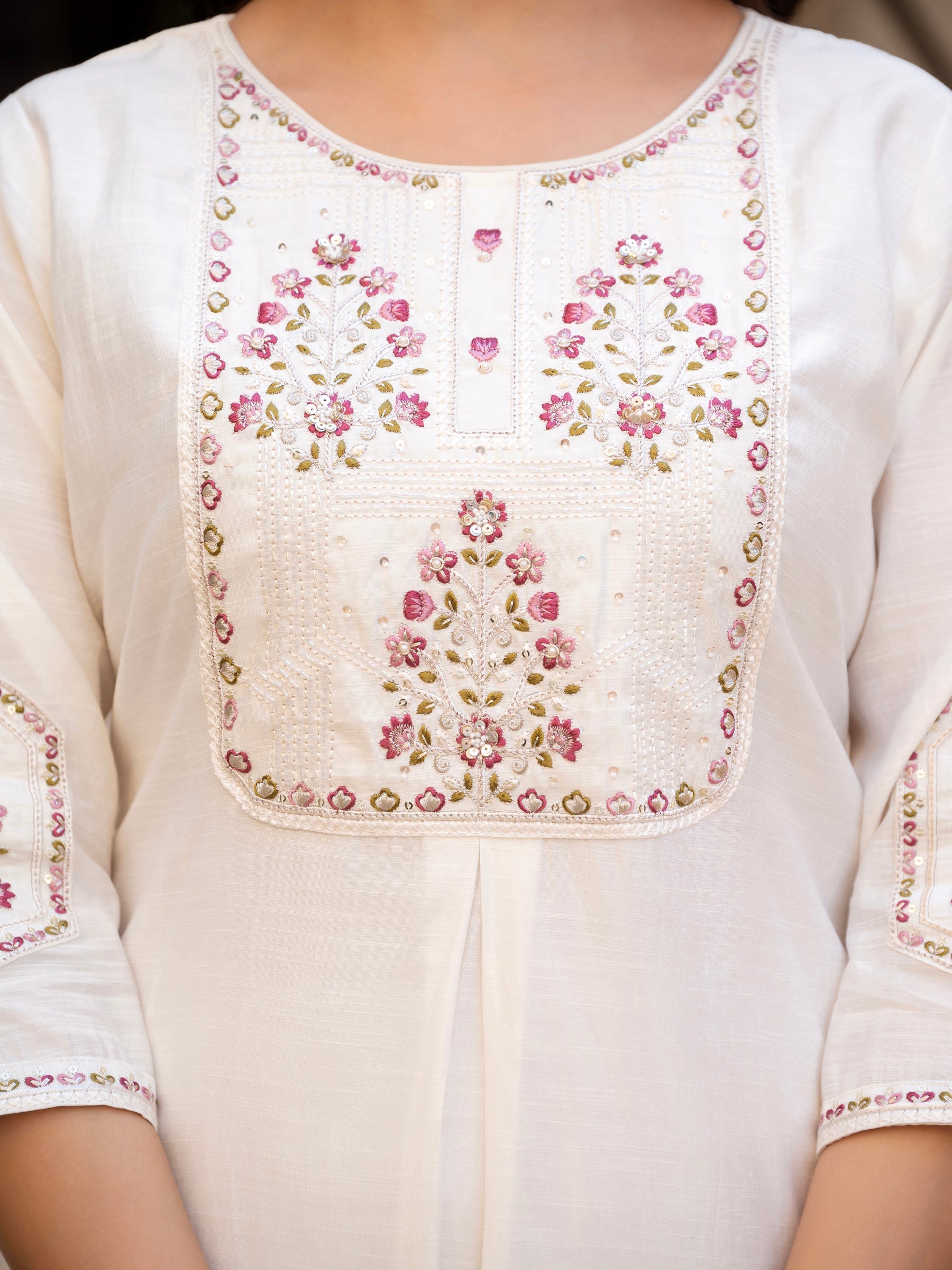 Lorenvalley Fashion White Viscose Mango Silk Multi Embroidery Sequins With Hand Work Kurta Pant Dupatta