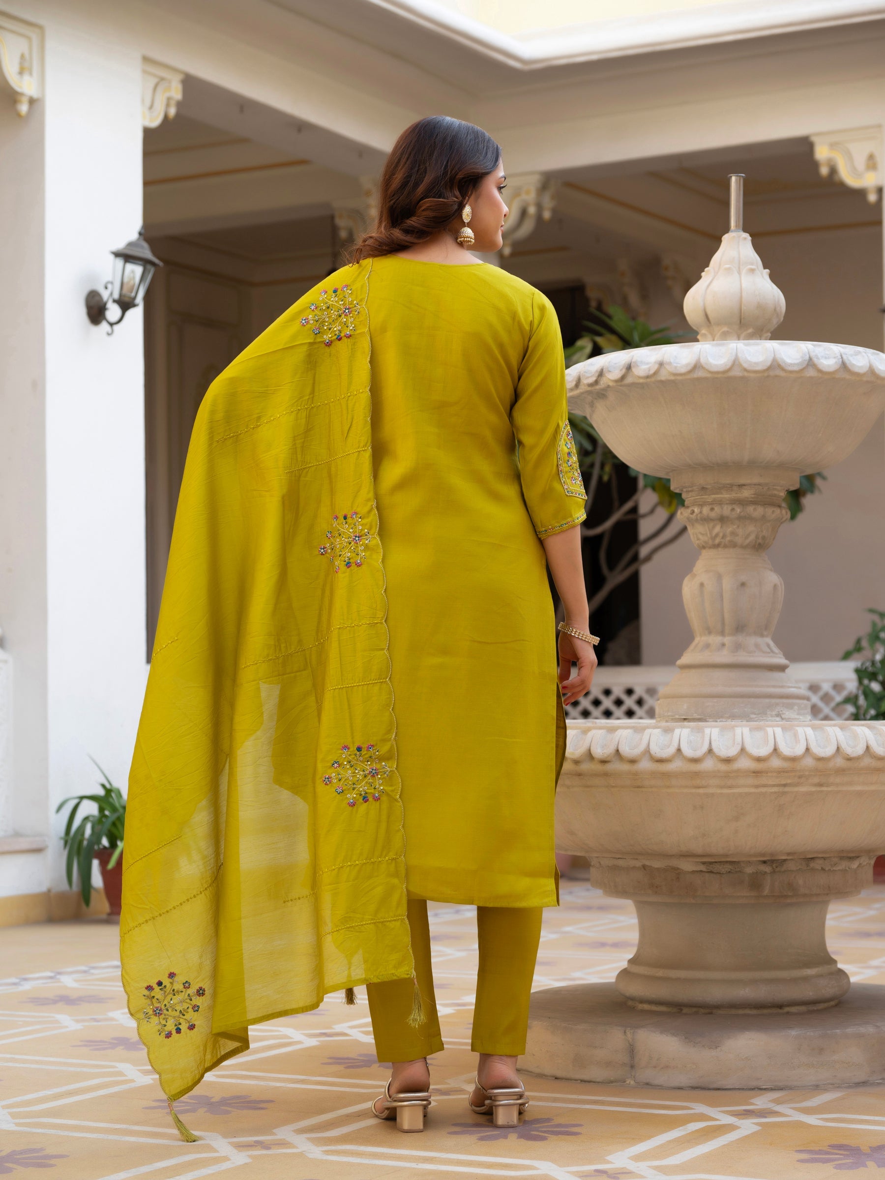 Lorenvalley Fashion Yellow Viscose Mango Silk Multi Embroidery Sequins With Hand Work Kurta Pant Dupatta