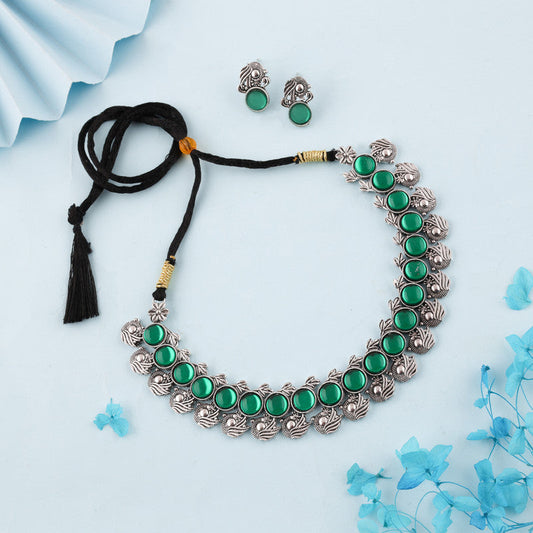 Tehzeeb Creations Silver Plated Green Colour Stone Jewellery Choker Necklace Set With Matching Pair of Stud Earrings Tehzeeb Creations