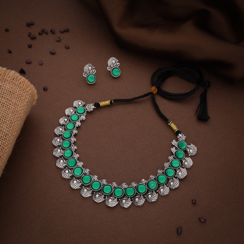 Tehzeeb Creations Silver Plated Green Colour Stone Jewellery Choker Necklace Set With Matching Pair of Stud Earrings Tehzeeb Creations