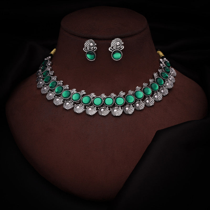 Tehzeeb Creations Silver Plated Green Colour Stone Jewellery Choker Necklace Set With Matching Pair of Stud Earrings Tehzeeb Creations