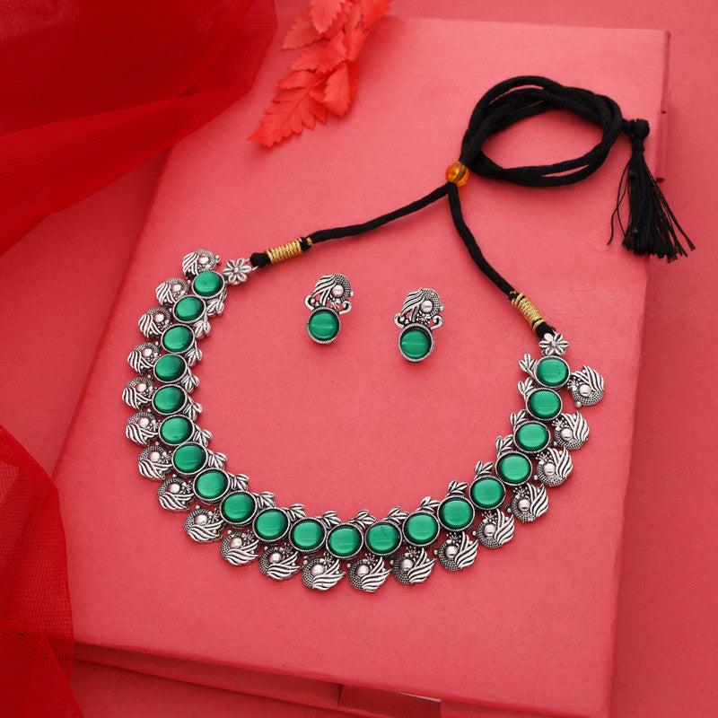 Tehzeeb Creations Silver Plated Green Colour Stone Jewellery Choker Necklace Set With Matching Pair of Stud Earrings Tehzeeb Creations