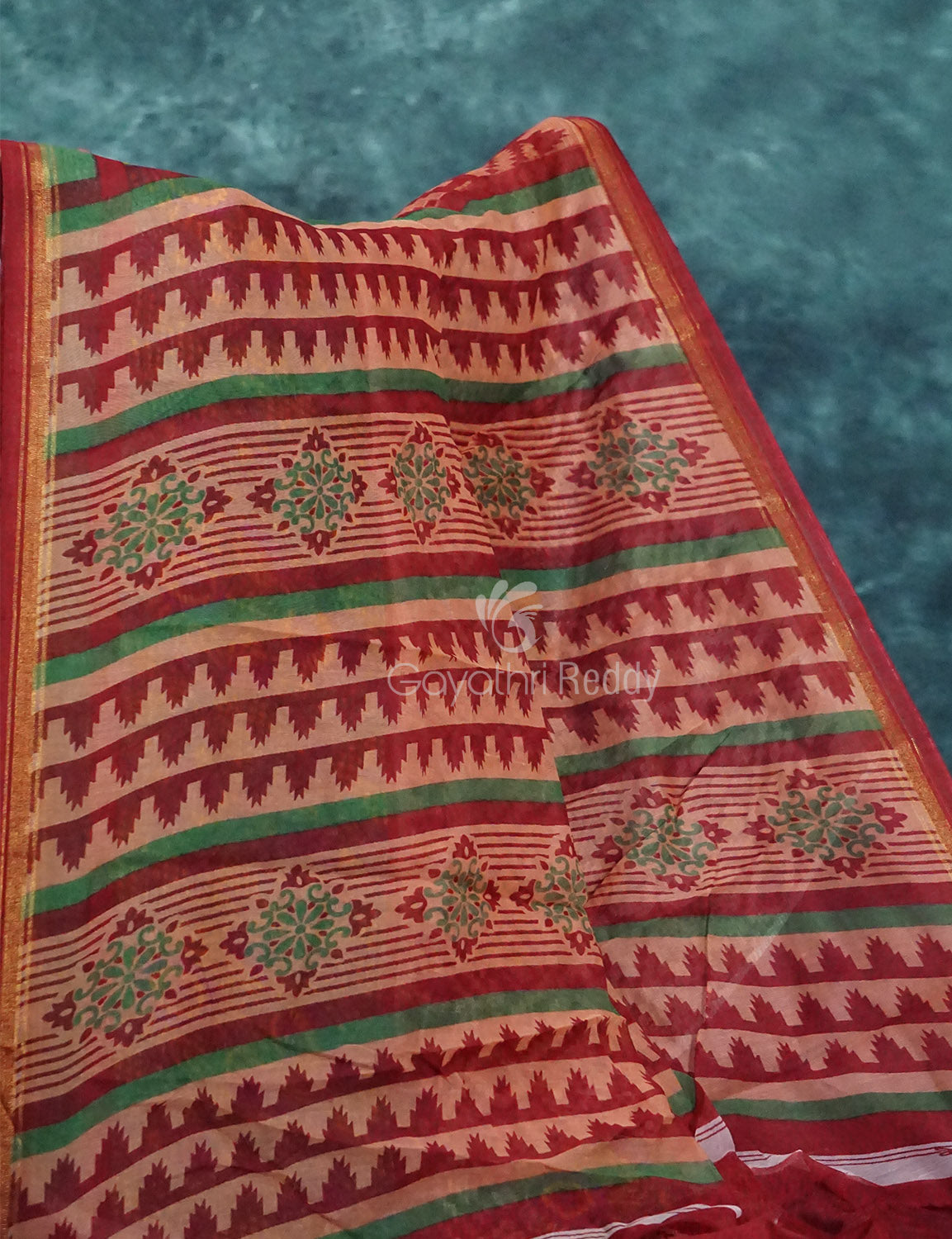 Mix of Orange and Teracotta Red Printed Semi Chanderi Grab2Buy By Gayathri Reddy Designer Studio 