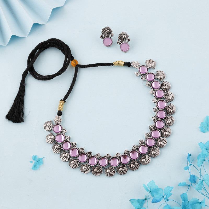 Tehzeeb Creations Silver Plated Lavender Colour Stone Jewellery Choker Necklace Set With Matching Pair of Stud Earrings Tehzeeb Creations