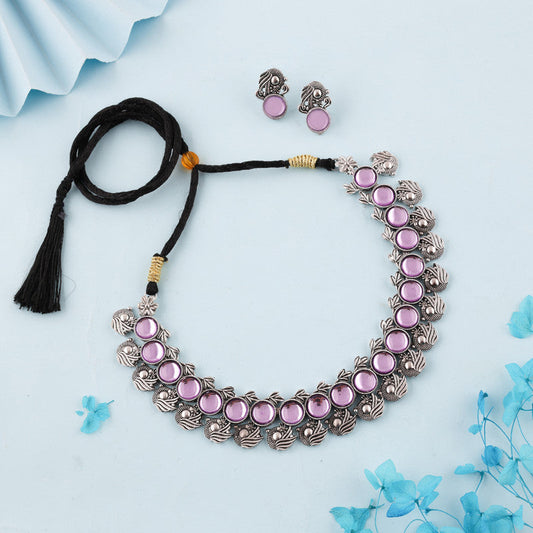 Tehzeeb Creations Silver Plated Lavender Colour Stone Jewellery Choker Necklace Set With Matching Pair of Stud Earrings Tehzeeb Creations