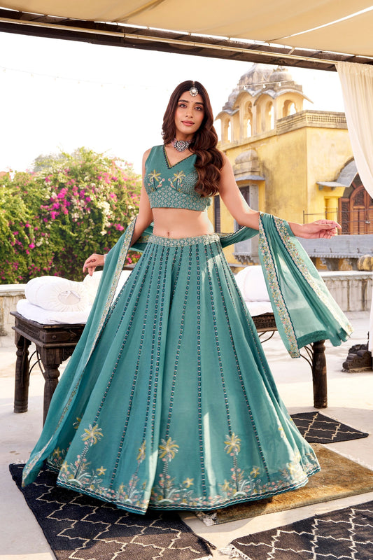 Lorenvalley Fashion Skyblue Crush Silk Sequins and Thread Embroidery Work Lehenga Choli with Dupatta 