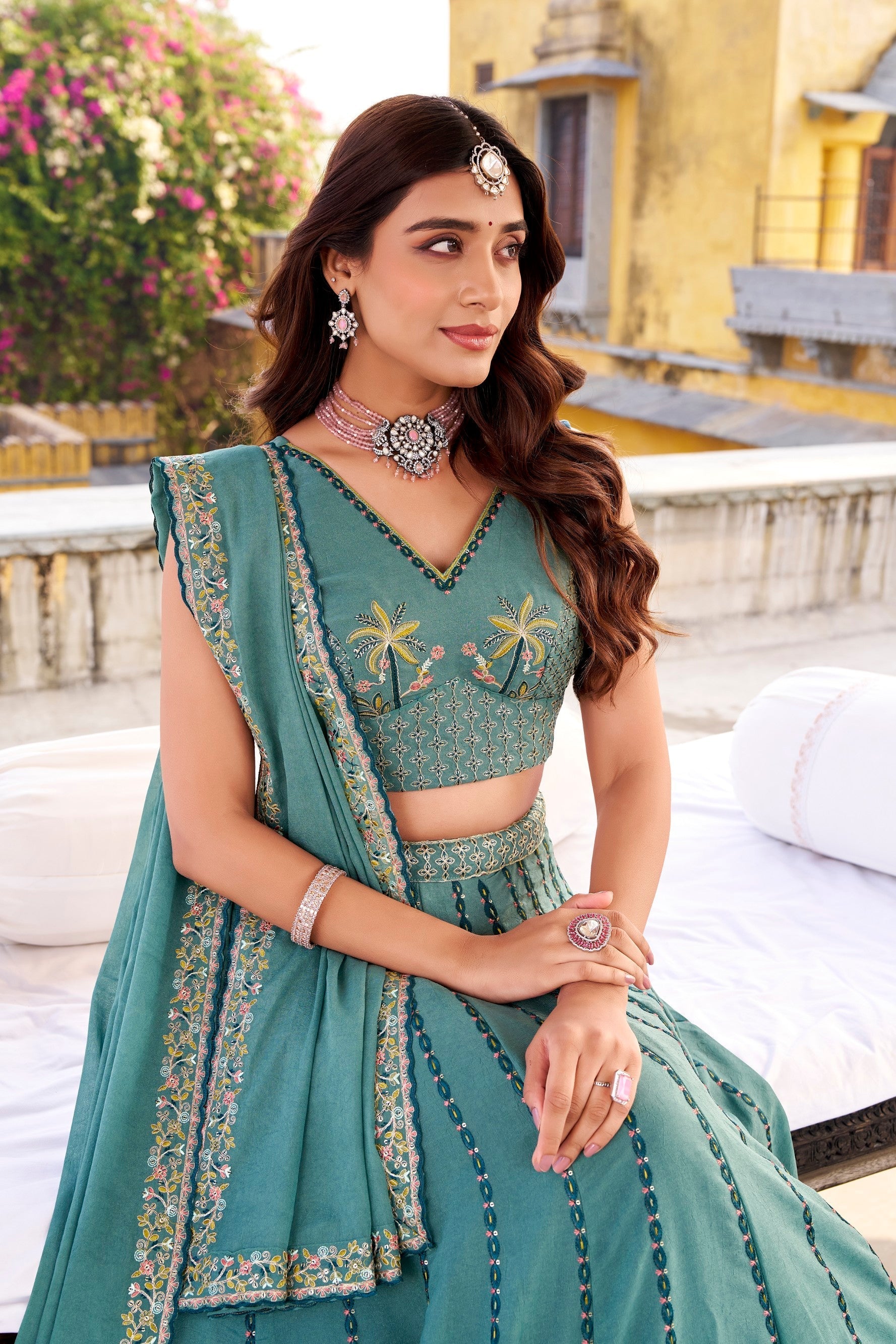 Lorenvalley Fashion Skyblue Crush Silk Sequins and Thread Embroidery Work Lehenga Choli with Dupatta 