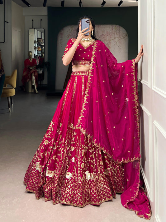 Lorenvalley Fashion Ranipink Natural Silk Sequins and Thread Embroidery Work Lehenga Choli with Dupatta 