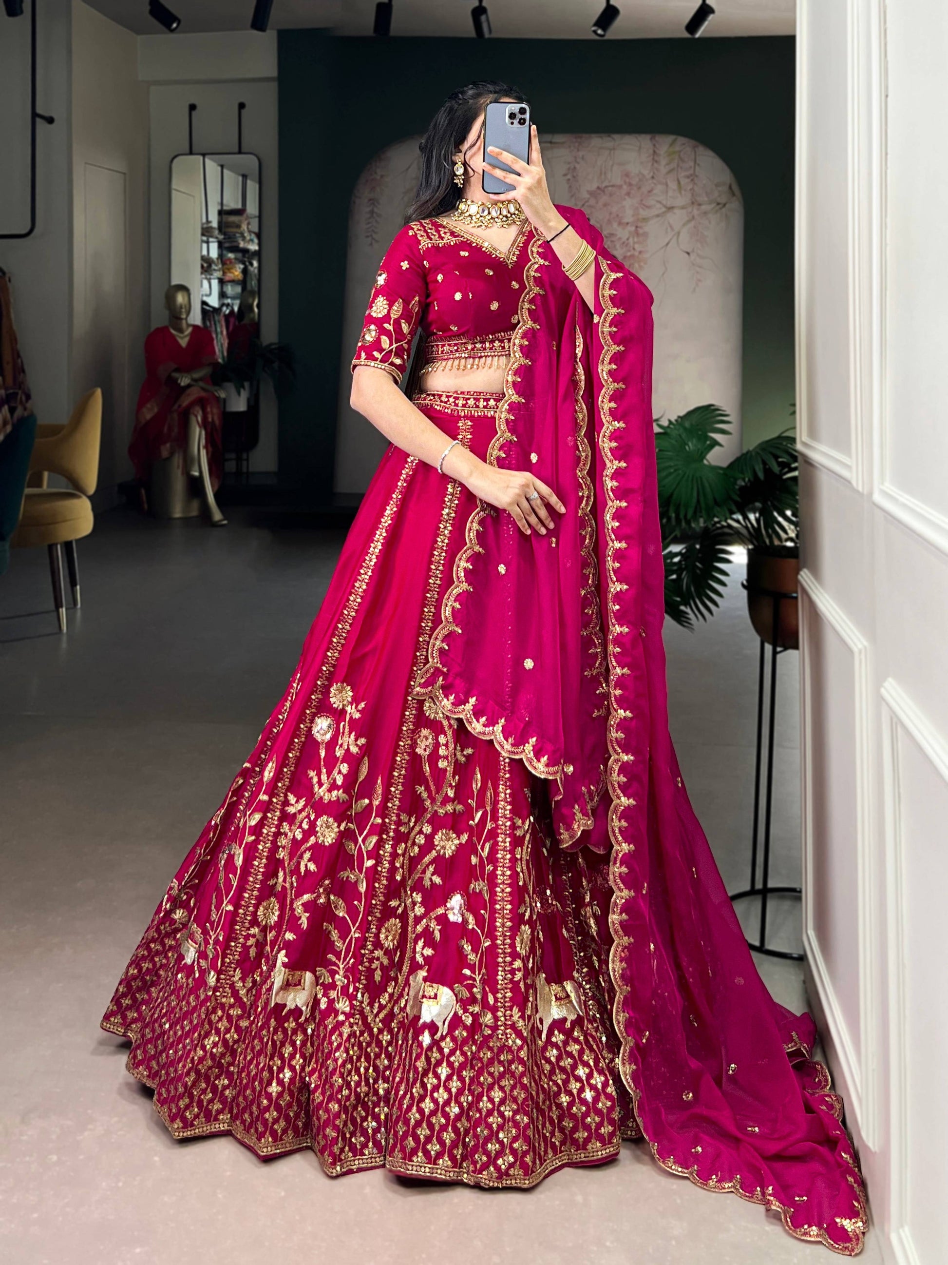 Lorenvalley Fashion Ranipink Natural Silk Sequins and Thread Embroidery Work Lehenga Choli with Dupatta 