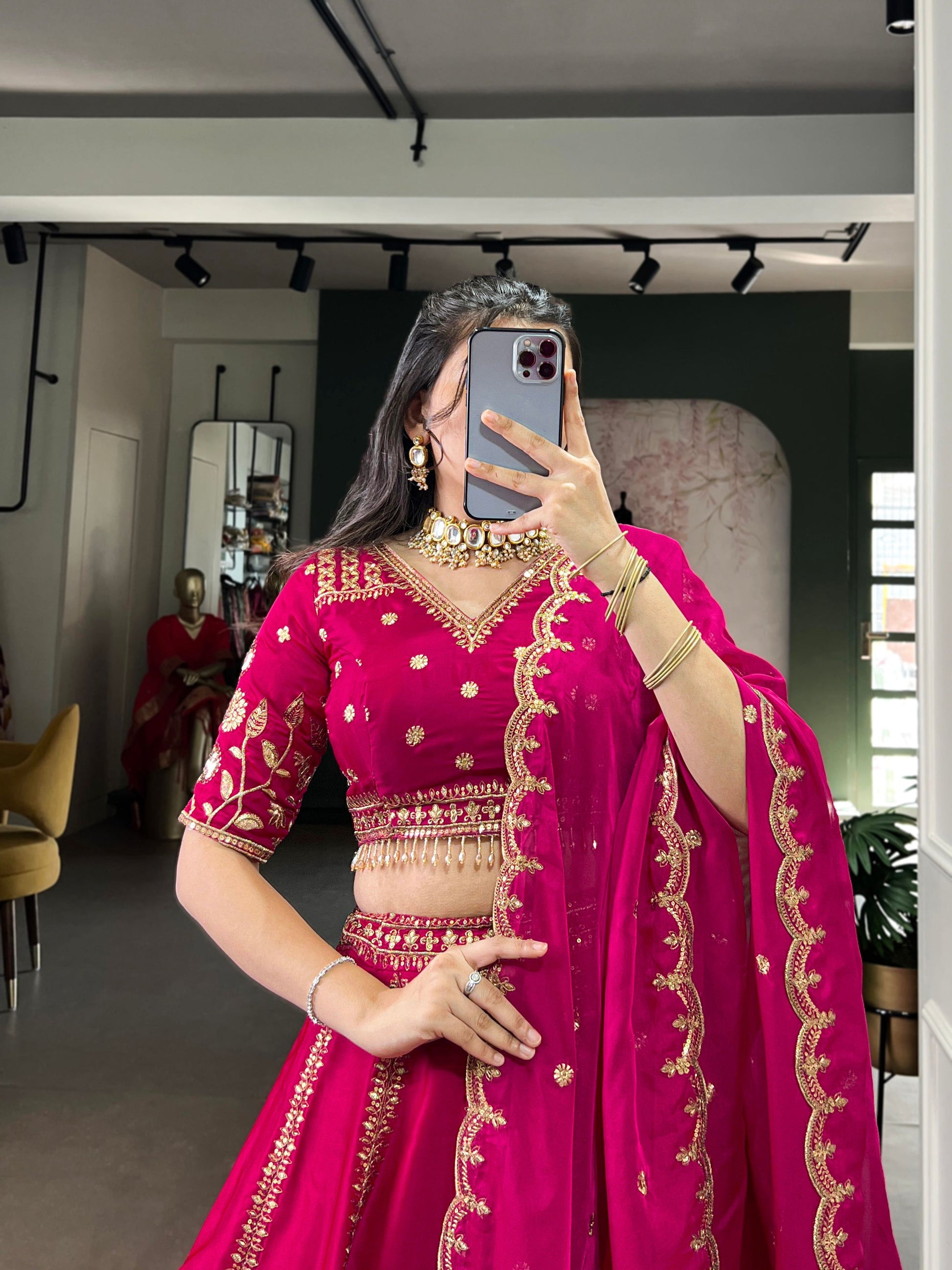 Lorenvalley Fashion Ranipink Natural Silk Sequins and Thread Embroidery Work Lehenga Choli with Dupatta 