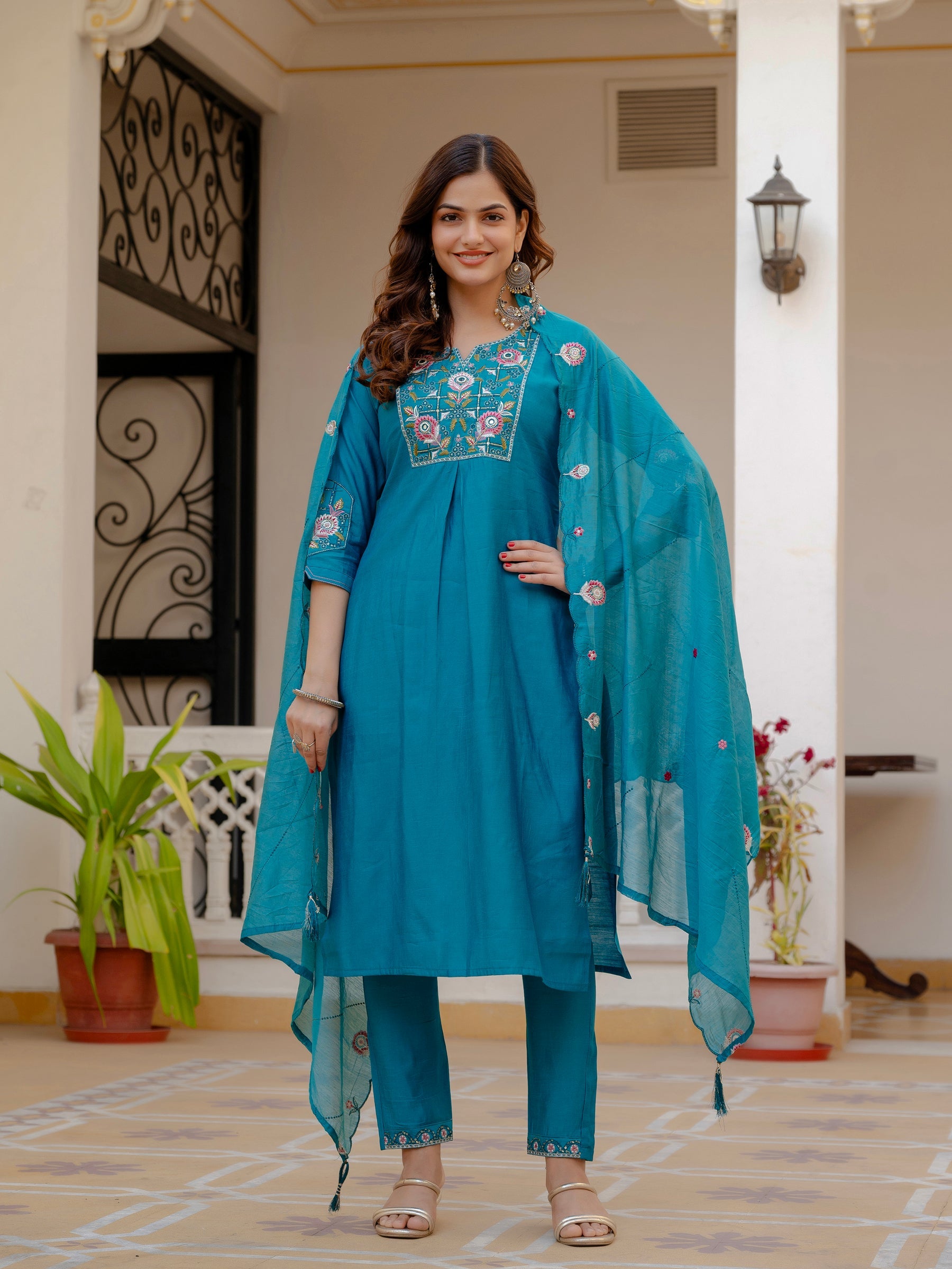 Lorenvalley Fashion Firozi Viscose Mango Silk Multi Embroidery Sequins With Hand Work Kurta Pant Dupatta