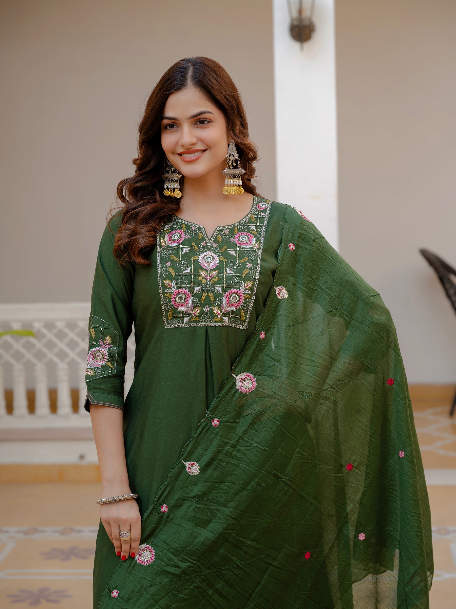 Lorenvalley Fashion Green Viscose Mango Silk Multi Embroidery Sequins With Hand Work Kurta Pant Dupatta