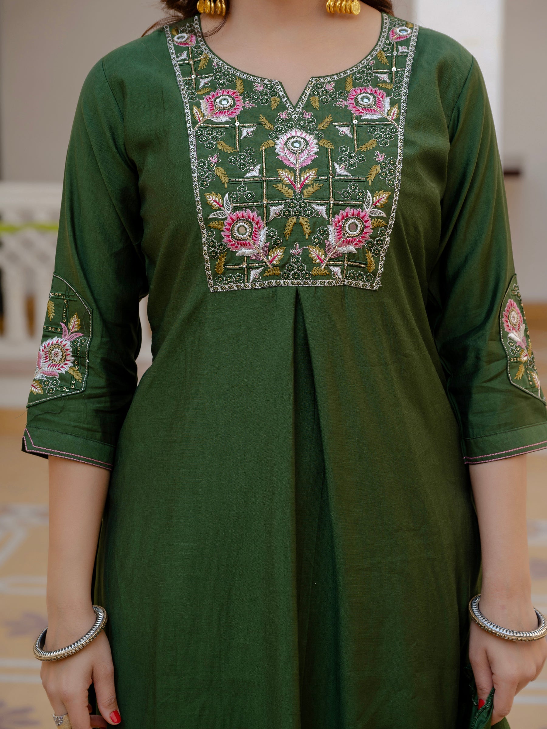 Lorenvalley Fashion Green Viscose Mango Silk Multi Embroidery Sequins With Hand Work Kurta Pant Dupatta