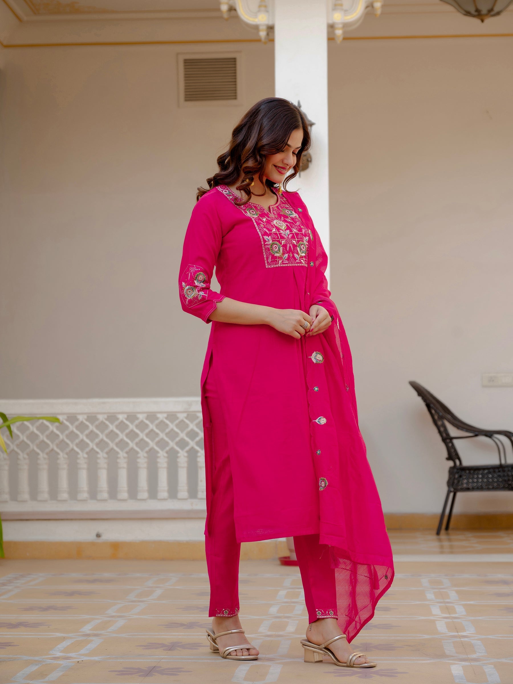 Lorenvalley Fashion Ranipink Viscose Mango Silk Multi Embroidery Sequins With Hand Work Kurta Pant Dupatta