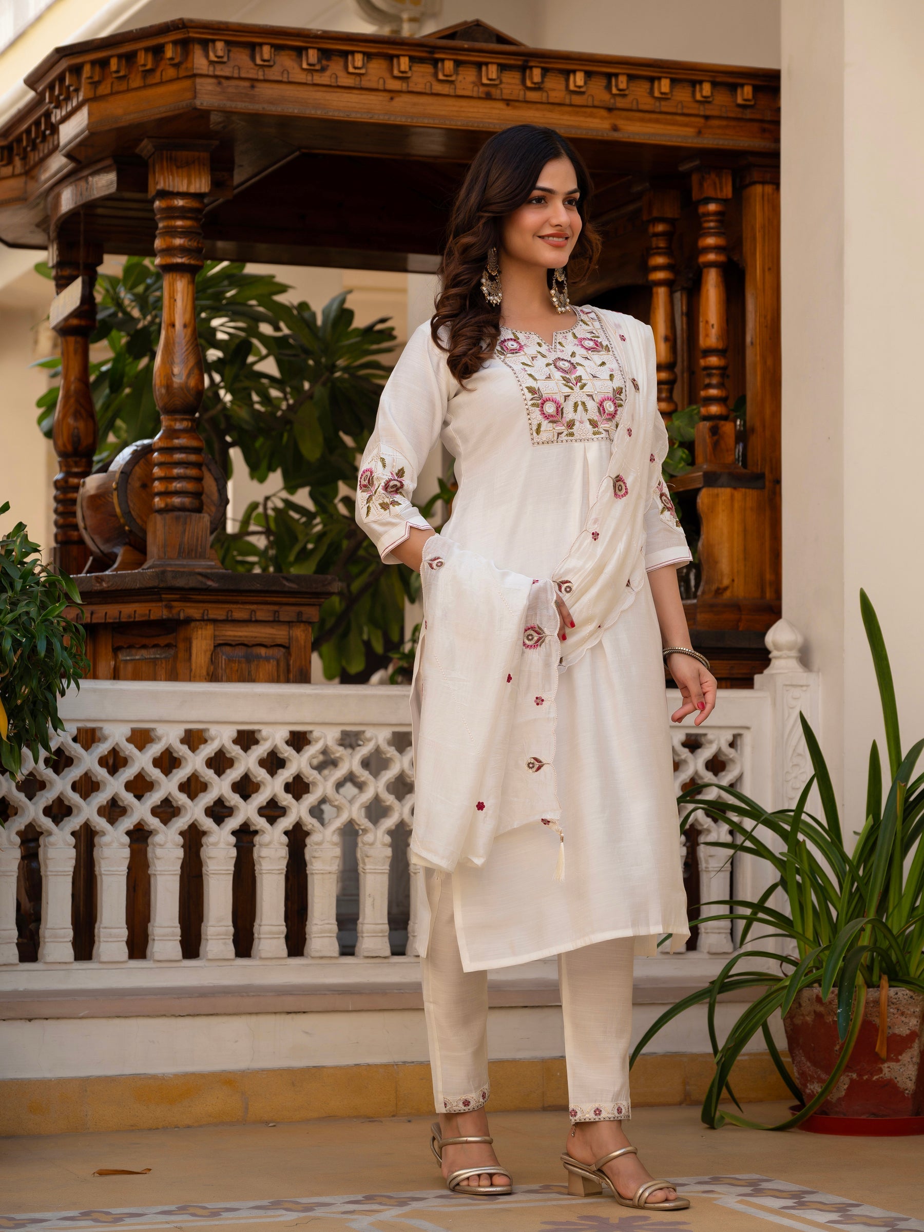 Lorenvalley Fashion White Viscose Mango Silk Multi Embroidery Sequins With Hand Work Kurta Pant Dupatta