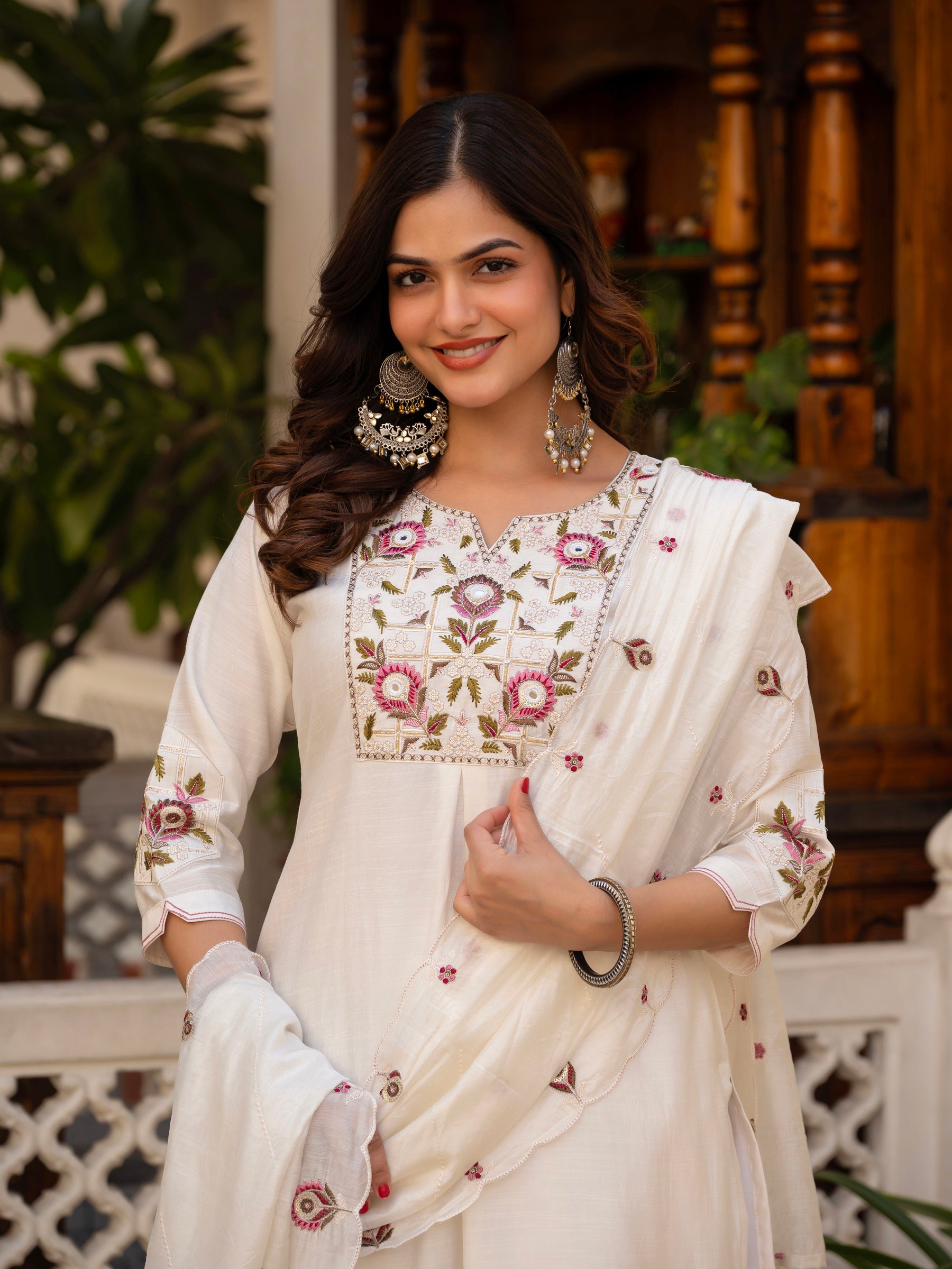 Lorenvalley Fashion White Viscose Mango Silk Multi Embroidery Sequins With Hand Work Kurta Pant Dupatta