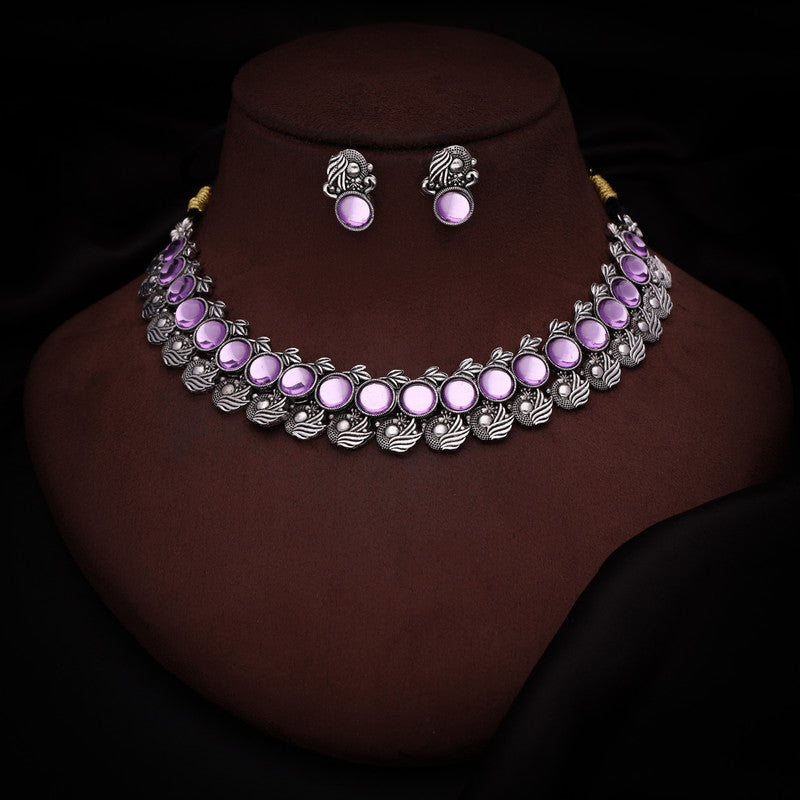 Tehzeeb Creations Silver Plated Lavender Colour Stone Jewellery Choker Necklace Set With Matching Pair of Stud Earrings Tehzeeb Creations