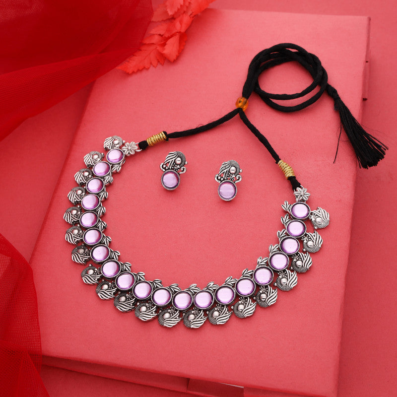 Tehzeeb Creations Silver Plated Lavender Colour Stone Jewellery Choker Necklace Set With Matching Pair of Stud Earrings Tehzeeb Creations