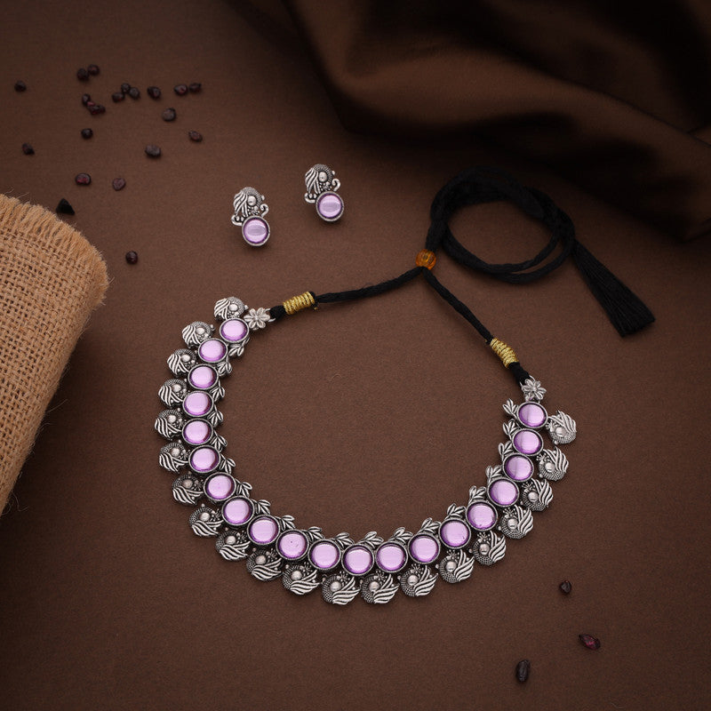 Tehzeeb Creations Silver Plated Lavender Colour Stone Jewellery Choker Necklace Set With Matching Pair of Stud Earrings Tehzeeb Creations