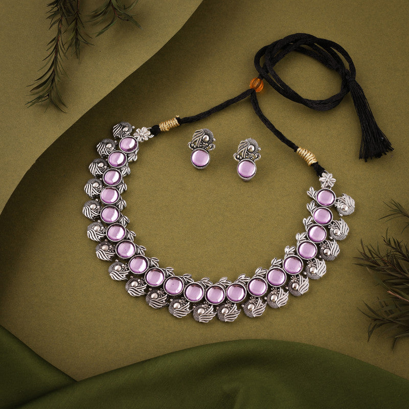 Tehzeeb Creations Silver Plated Lavender Colour Stone Jewellery Choker Necklace Set With Matching Pair of Stud Earrings Tehzeeb Creations