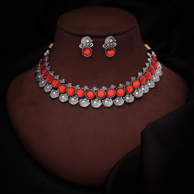 Tehzeeb Creations Silver Plated Orange Colour Stone Jewellery Choker Necklace Set With Matching Pair of Stud Earrings Tehzeeb Creations