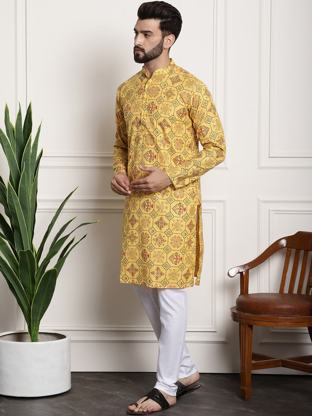 Sojanya Men Yellow Ethnic Motifs Printed Kurta with Churidar 