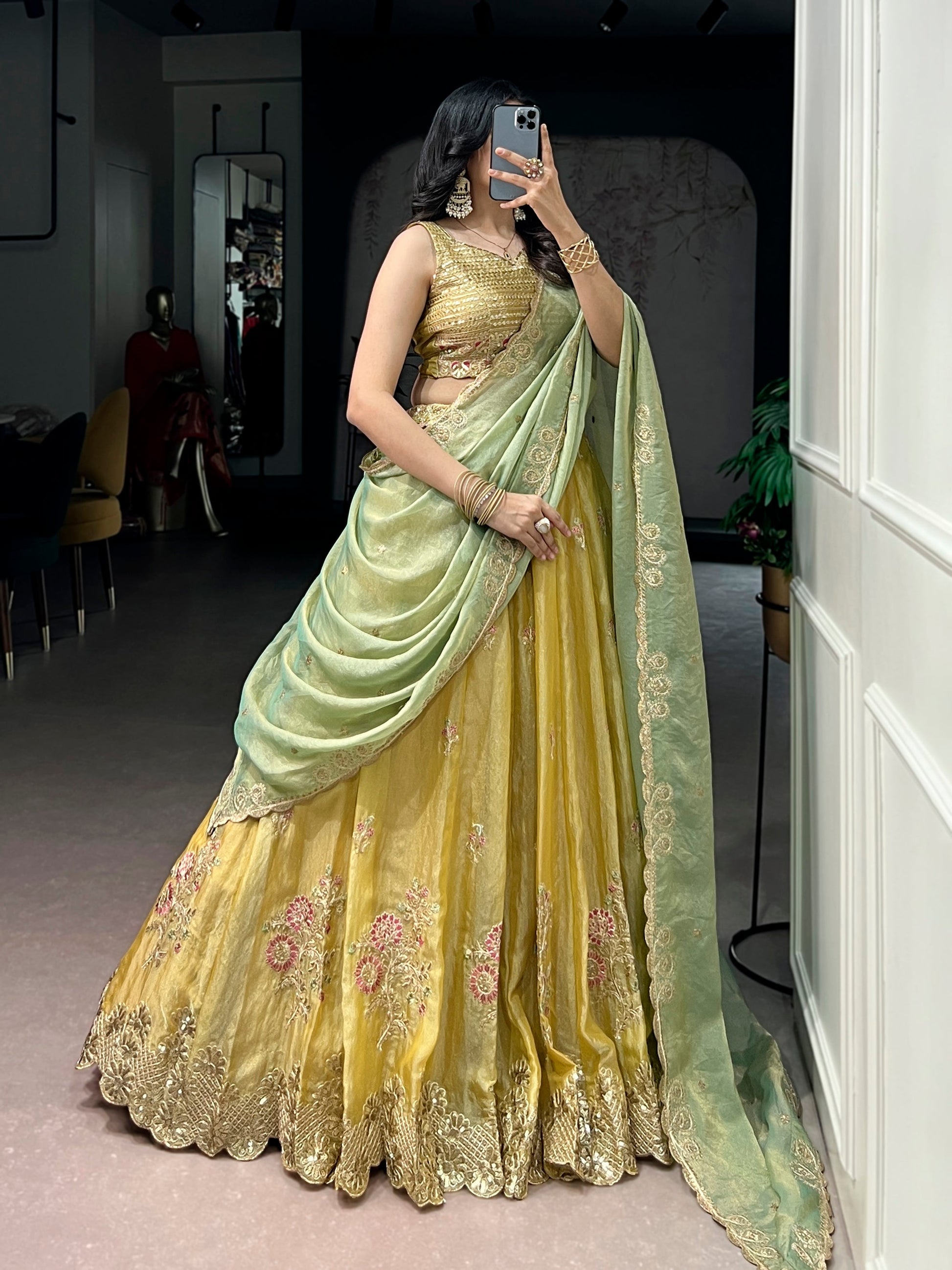 Lorenvalley Fashion Yellow NC Moss Silk Sequins and Thread Embroidery Work Lehenga Choli with Dupatta