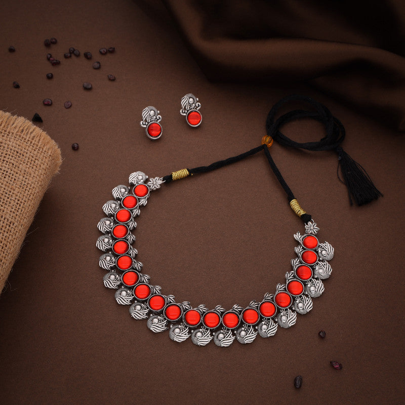 Tehzeeb Creations Silver Plated Orange Colour Stone Jewellery Choker Necklace Set With Matching Pair of Stud Earrings Tehzeeb Creations