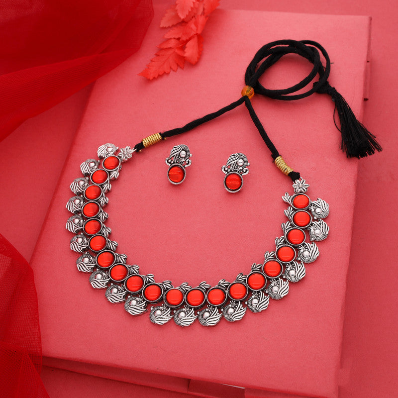 Tehzeeb Creations Silver Plated Orange Colour Stone Jewellery Choker Necklace Set With Matching Pair of Stud Earrings Tehzeeb Creations