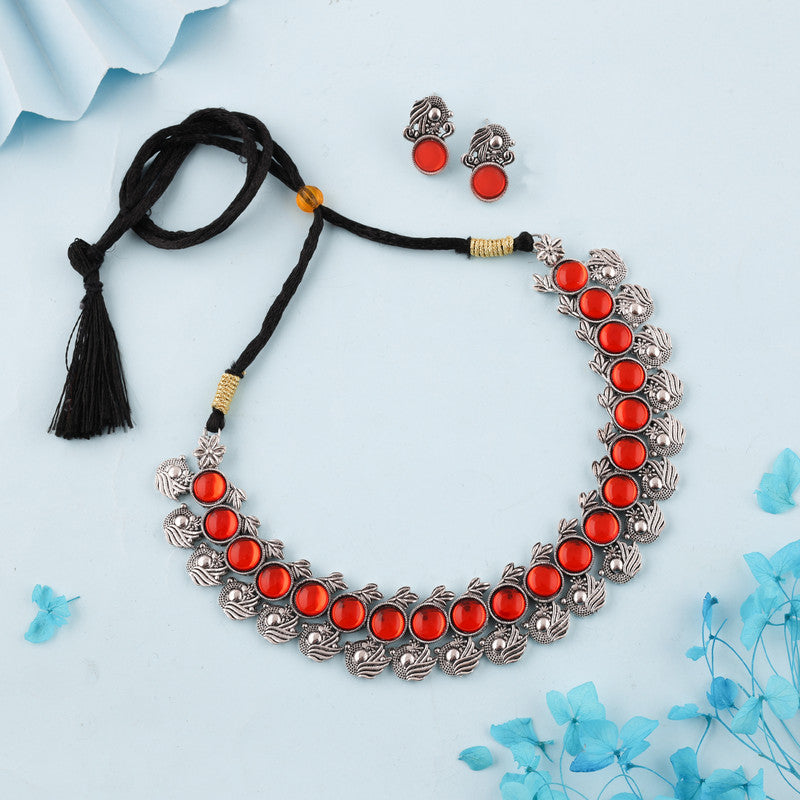 Tehzeeb Creations Silver Plated Orange Colour Stone Jewellery Choker Necklace Set With Matching Pair of Stud Earrings Tehzeeb Creations